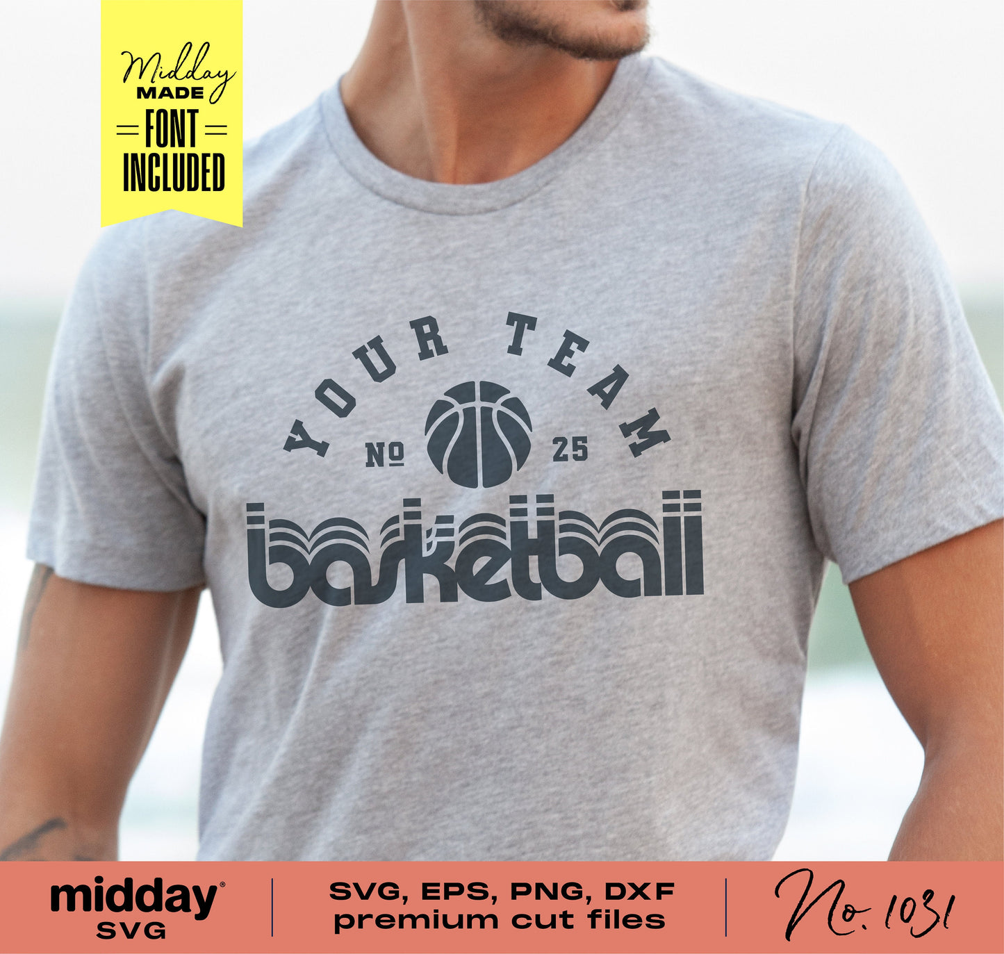 Man wearing a grey shirt with a retro basketball team logo; perfect for Cricut and Silhouette designs in SVG, PNG, DXF, and EPS formats.