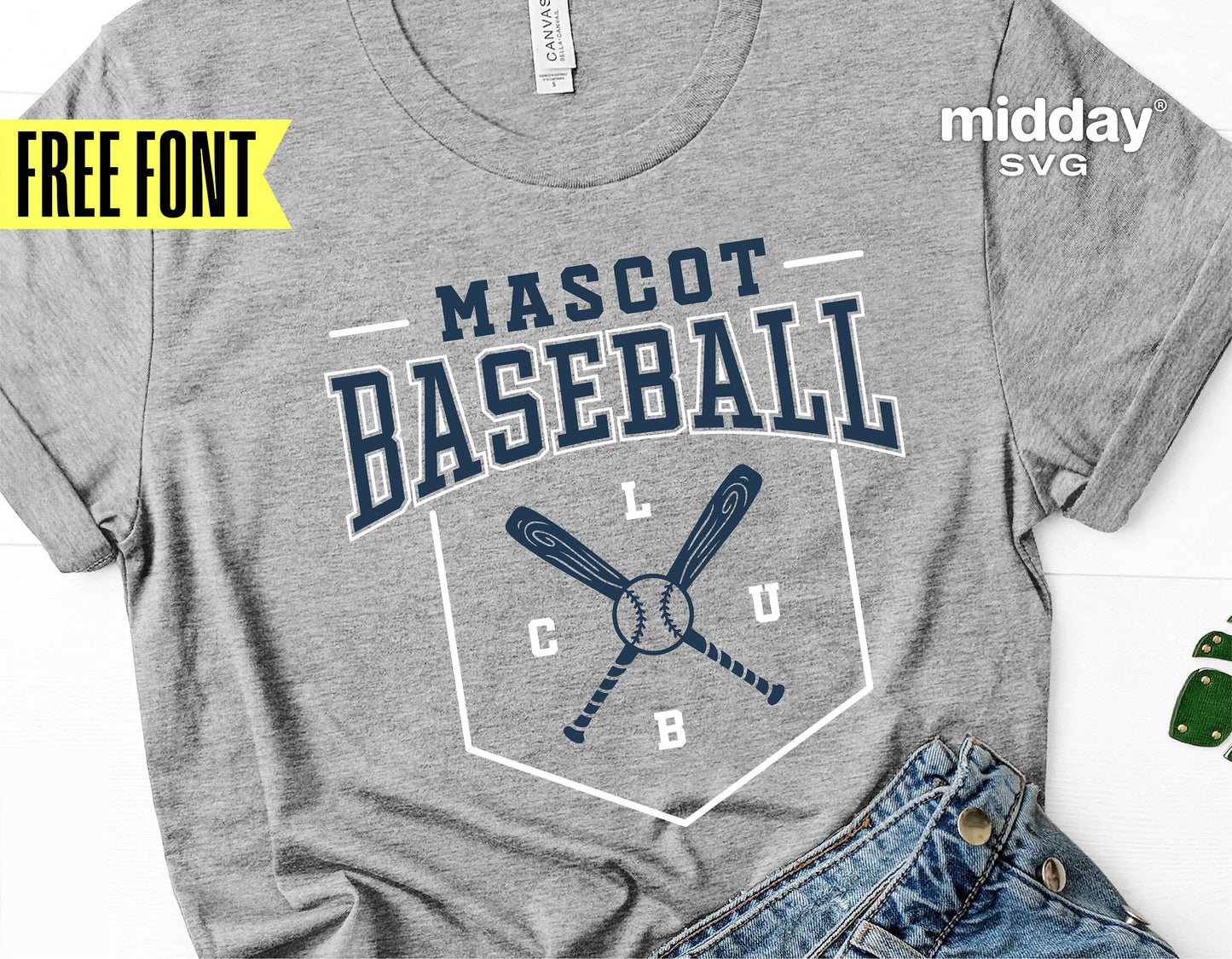 Gray baseball club shirt with a mascot logo and crossed bats, perfect for team events and gifts. Includes free font and SVG formats.