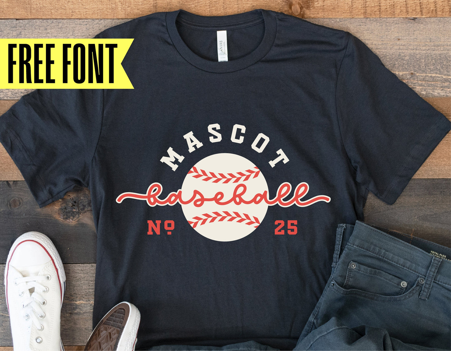 Customizable baseball team shirt with 'Mascot Baseball No. 25' design, ideal for Cricut and Silhouette cutting. Includes free font offer.