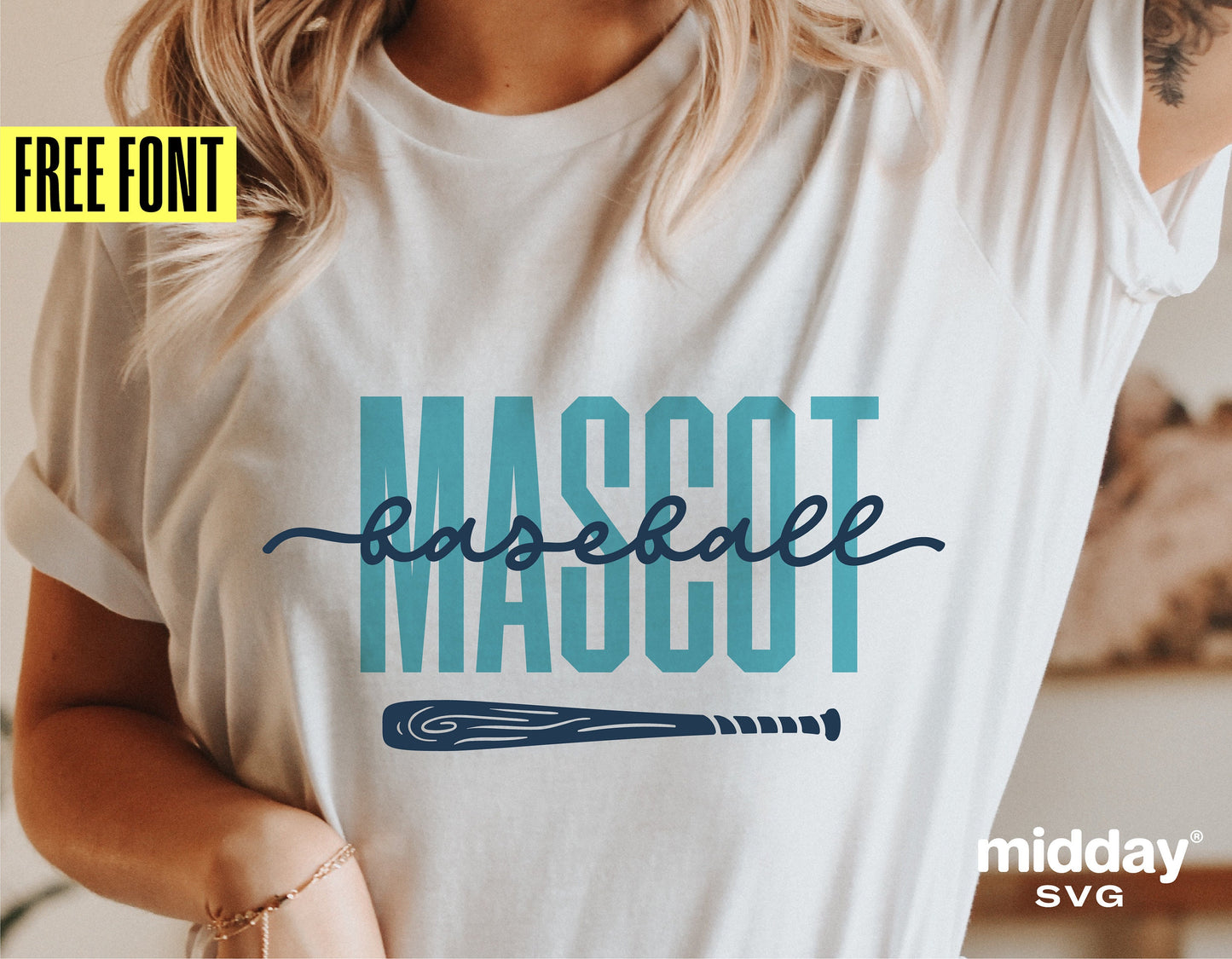 Woman wearing a shirt featuring a baseball SVG design with the word 'mascot' and a bat graphic, plus a free font offer.