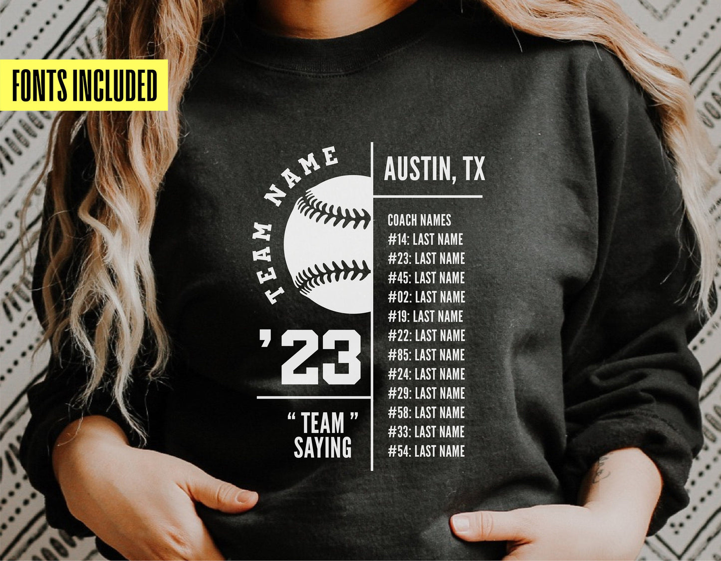 Person wearing a black sweatshirt featuring a customizable baseball team roster with player numbers and names. "Fonts Included" label.