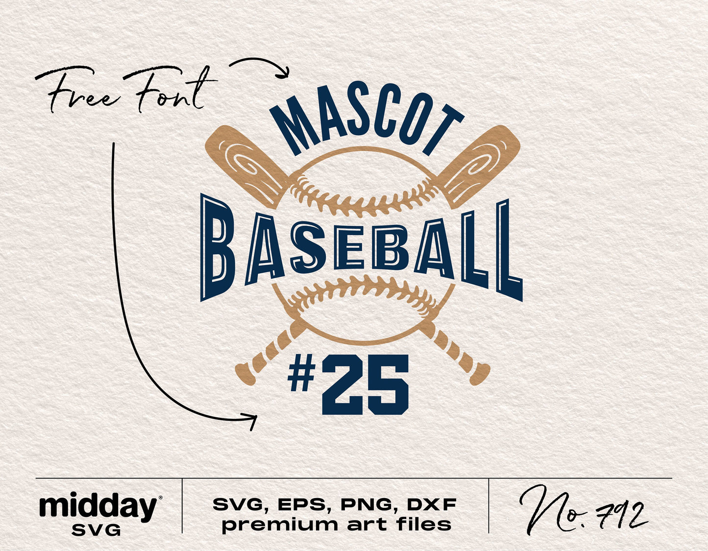 Baseball team SVG design with free font and customizable text, featuring crossed bats and ball graphics, available in SVG, EPS, PNG, DXF formats.