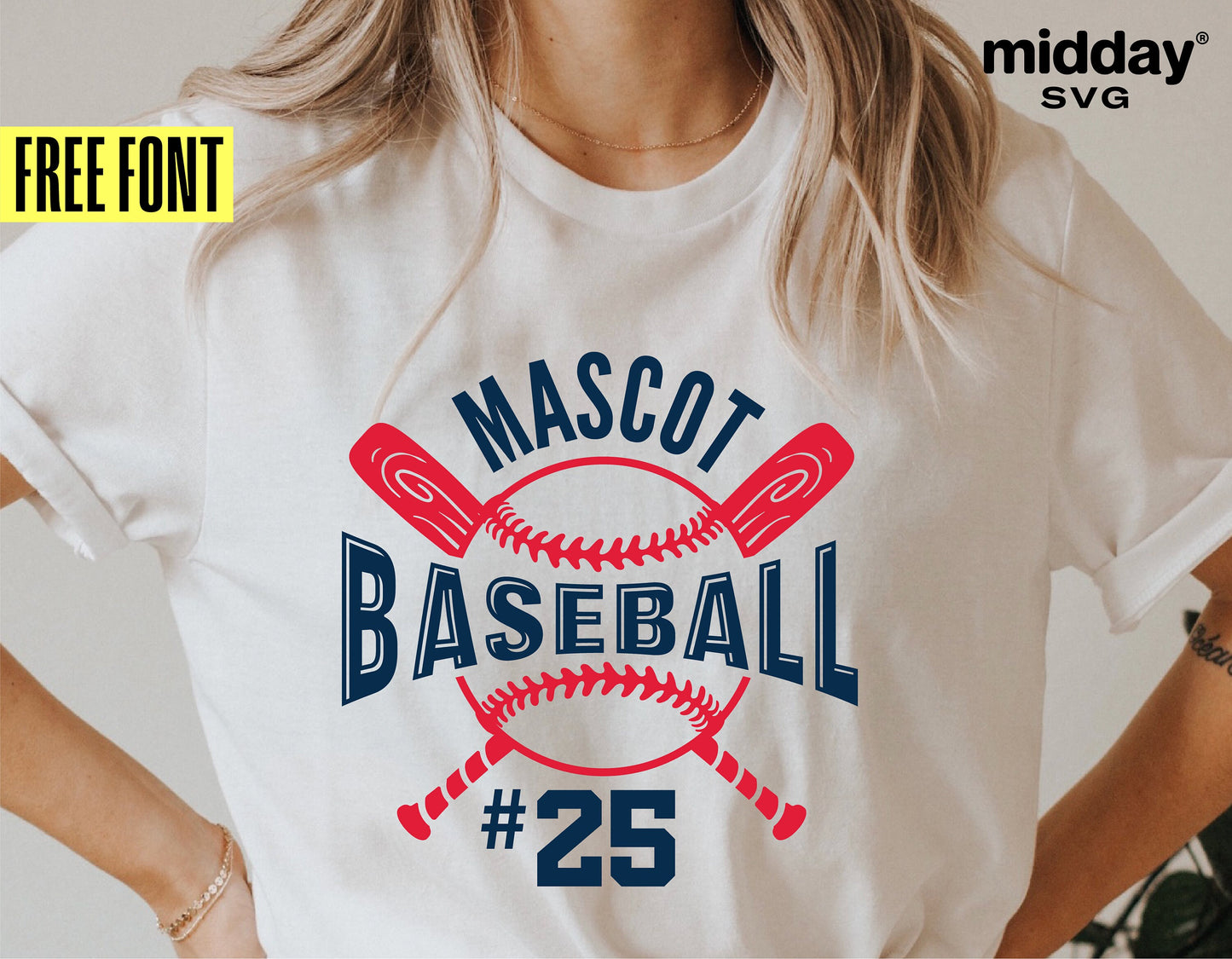 Person wearing a white shirt with a custom baseball team design featuring bats and ball, labeled 'Mascot Baseball #25' by midday svg, free font included.