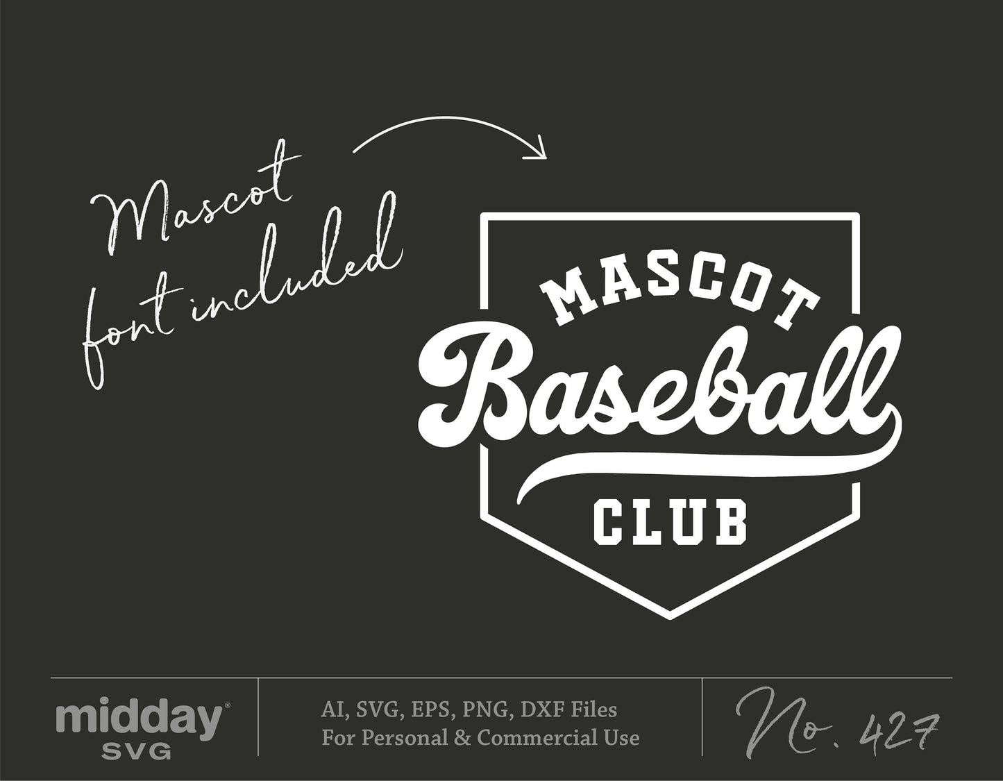Baseball Club design with mascot font, available in SVG, PNG, EPS, DXF for Cricut and Silhouette, digital download.