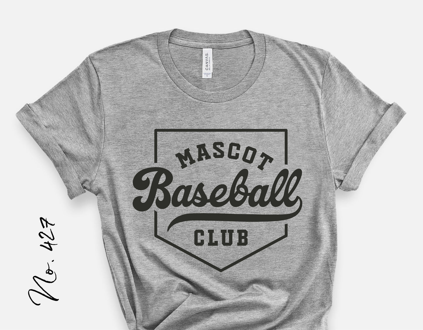 Gray t-shirt with 'Mascot Baseball Club' design, ideal for baseball team apparel, featuring a classic sports theme, perfect for Cricut users.