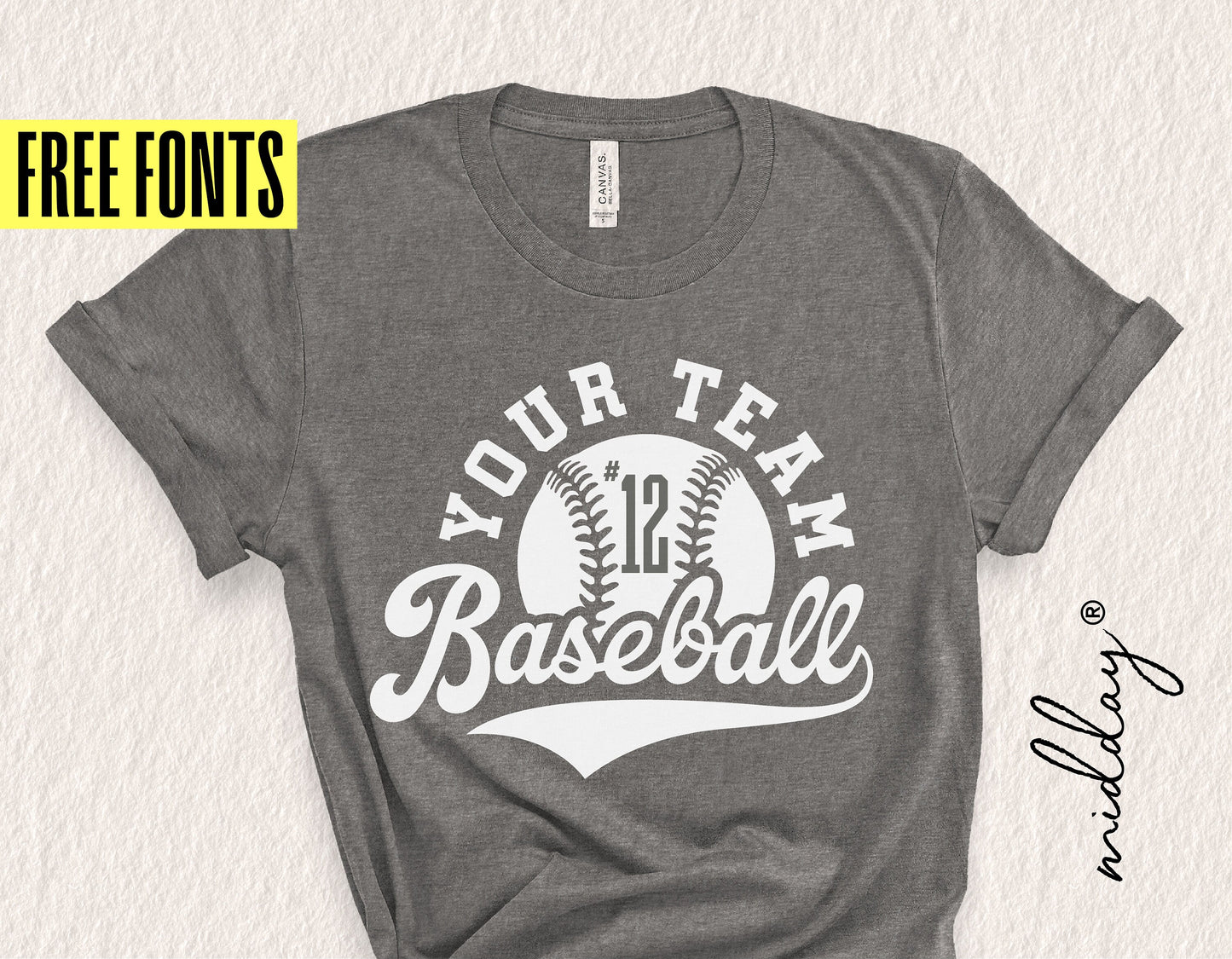 Gray t-shirt displaying a customizable baseball team logo with free fonts offer, perfect for Cricut DIY projects.