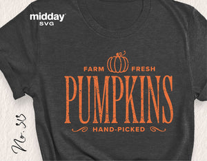 Gray T-shirt featuring 'Farm Fresh Pumpkins' design in orange, ideal for fall and autumn DIY projects and decorations.