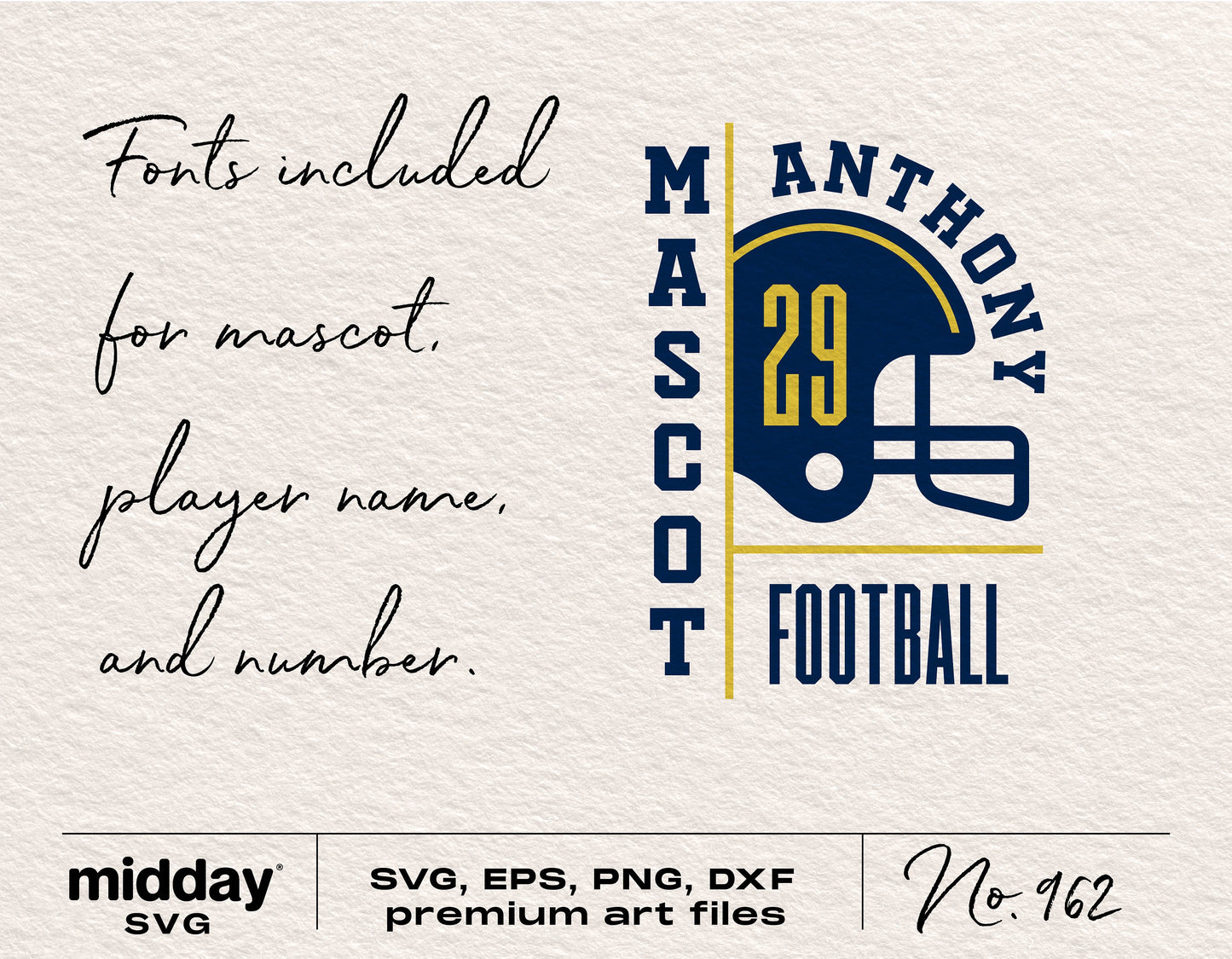 Customizable football team logo template with mascot, player name, and jersey number. Includes SVG, EPS, PNG, DXF formats. Fonts included.