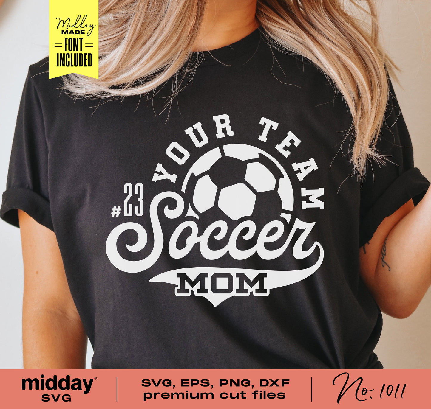 Black shirt with customizable "Soccer Mom" design, featuring a soccer ball and #23, ideal for Cricut and Silhouette projects.