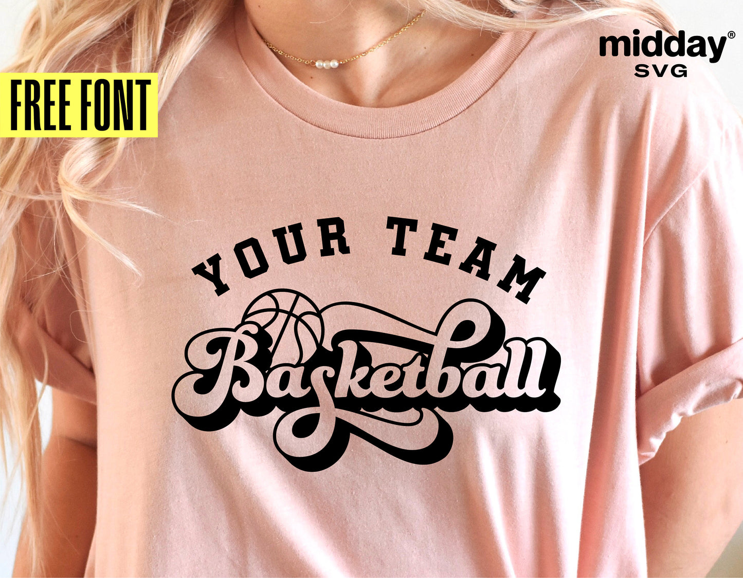 Retro basketball shirt design template featuring 'Your Team' text, basketball graphic, and free font for Cricut and Silhouette projects.