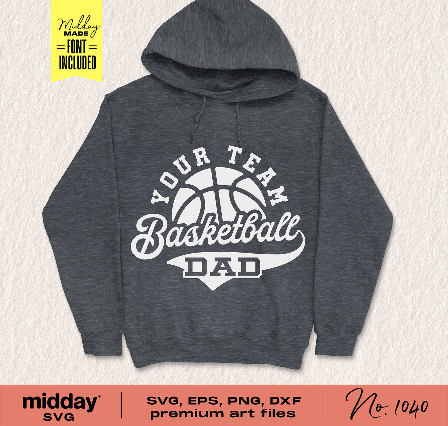 Basketball Dad team hoodie in dark gray with white graphic text, ideal for sports SVG designs for Cricut and Silhouette projects.