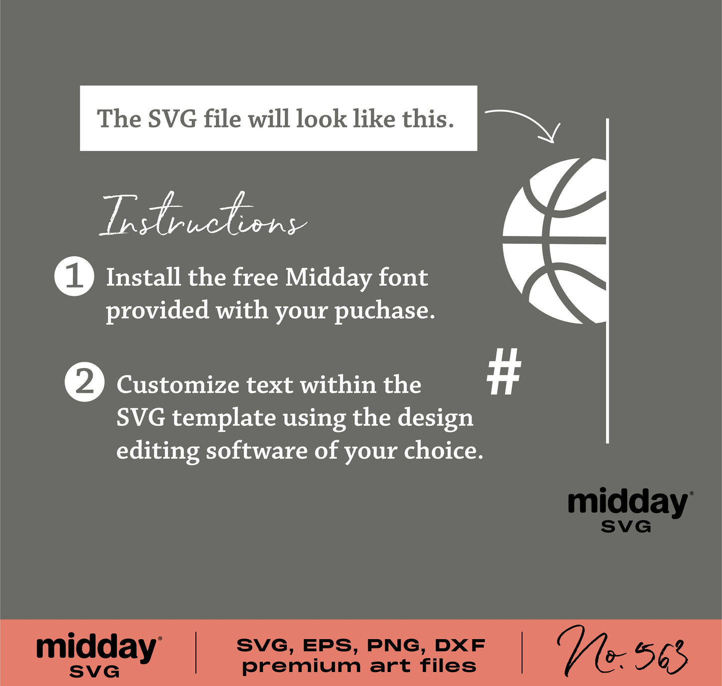Basketball SVG instructions with text customization guide for DIY design software, featuring font installation and Midday SVG logo.