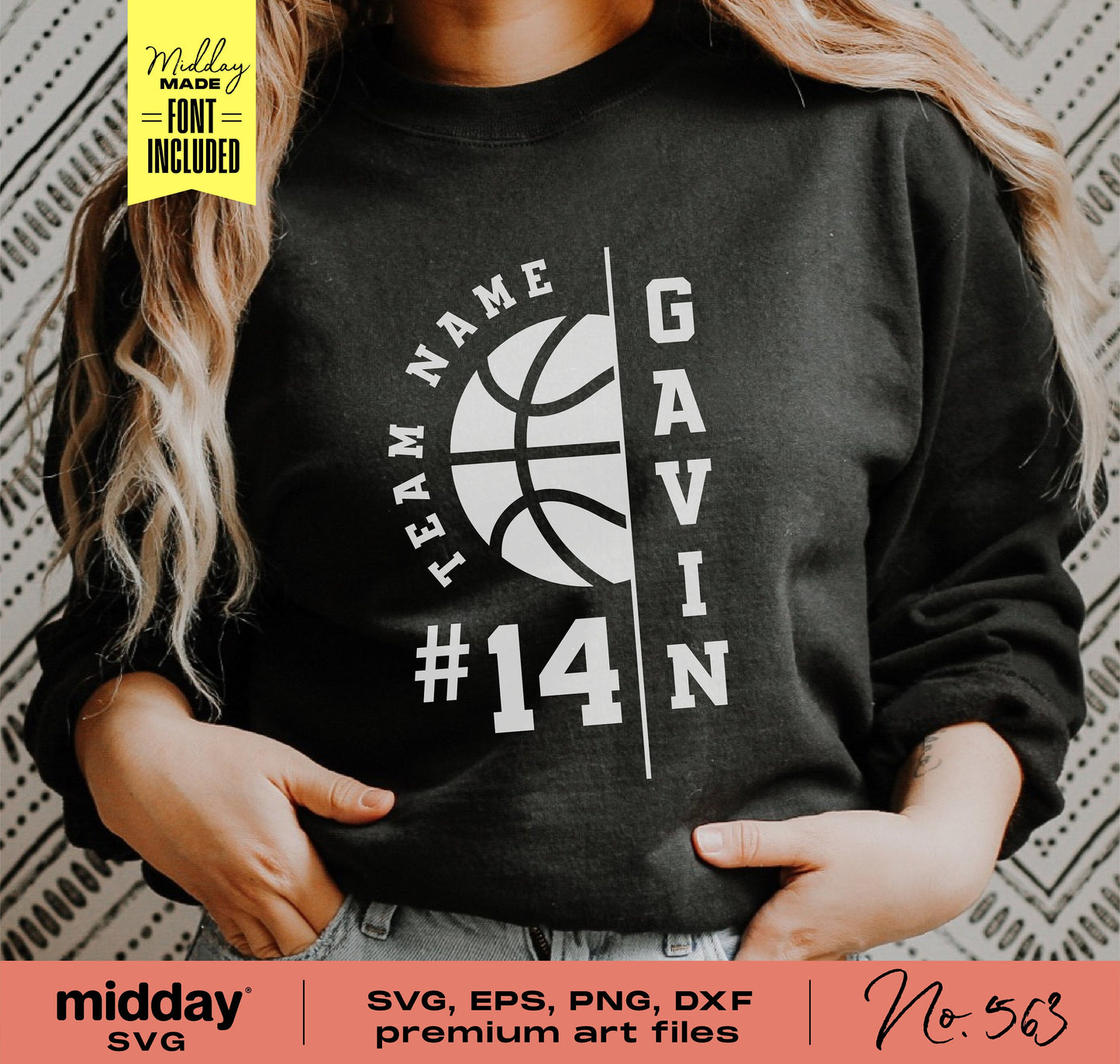Woman wearing black sweatshirt with customizable basketball team logo, SVG bundle for Cricut, Silhouette. Includes font, DIY.