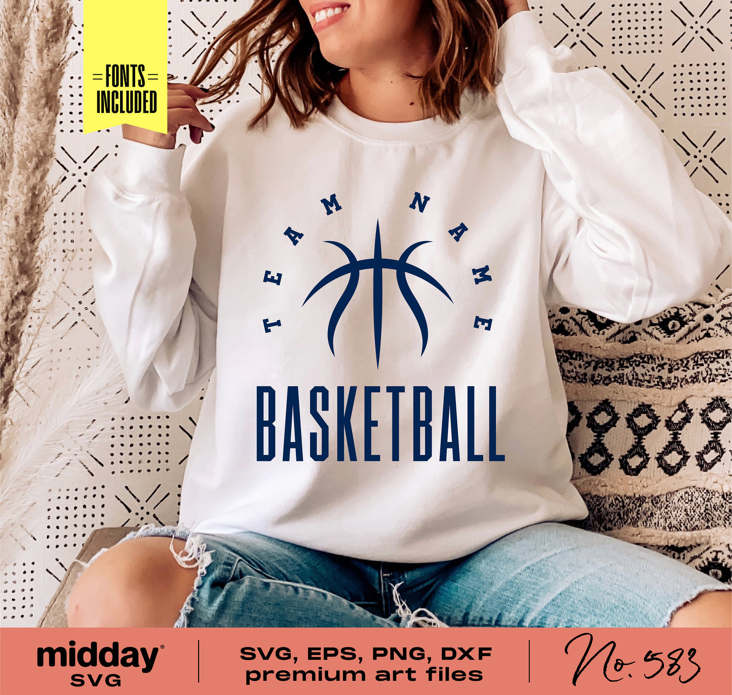 Basketball team logo on a white sweatshirt in SVG, PNG, DXF formats for DIY projects, ideal for Cricut and Silhouette.