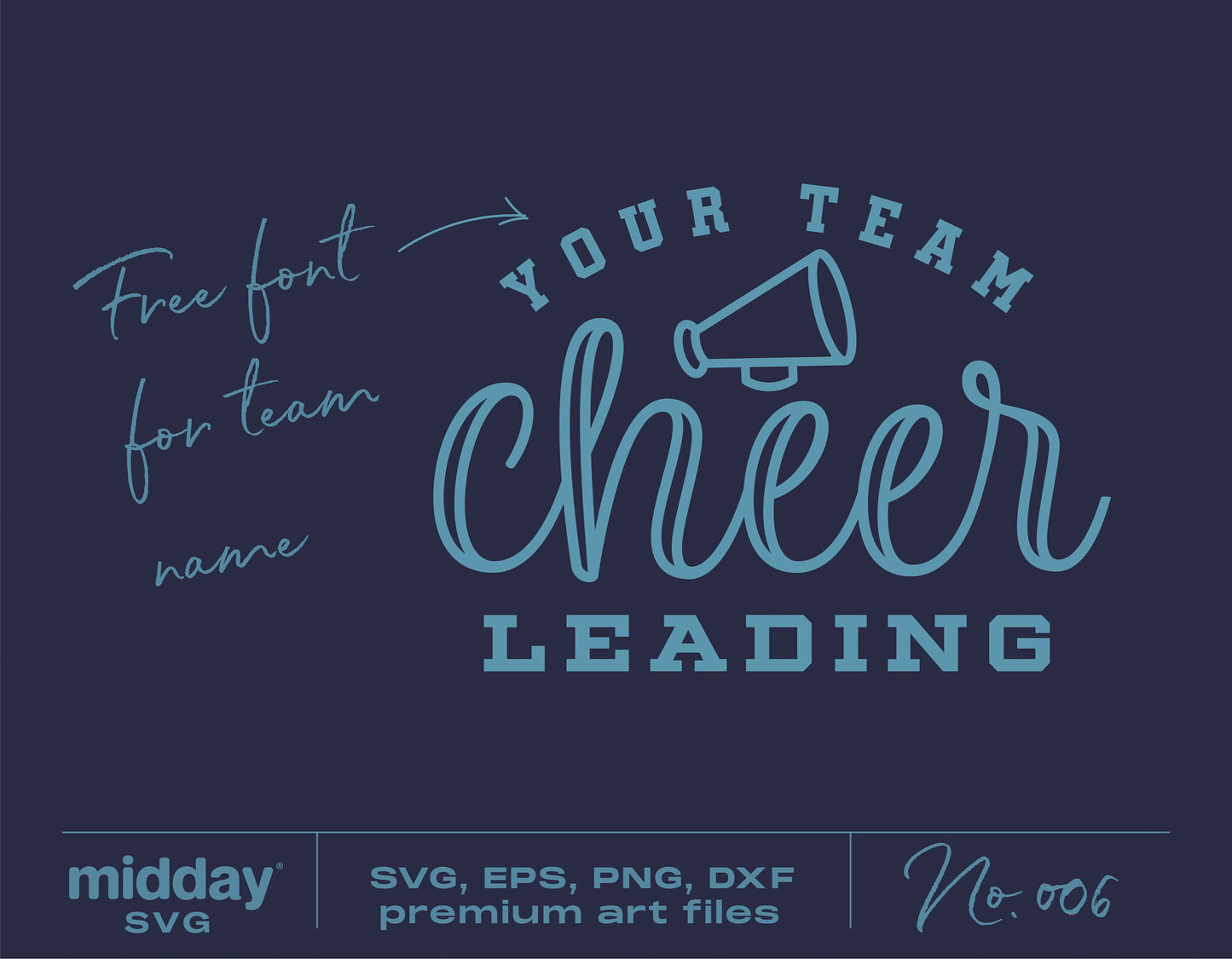 Cheerleading team shirt SVG design with a megaphone graphic, includes text 'Your Team Cheerleading', ideal for Cricut and Silhouette projects.