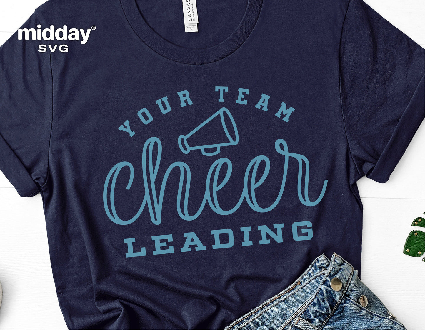 Navy blue t-shirt with 'Your Team Cheerleading' text and megaphone graphic, ideal for cheer cut files for Cricut and Silhouette.