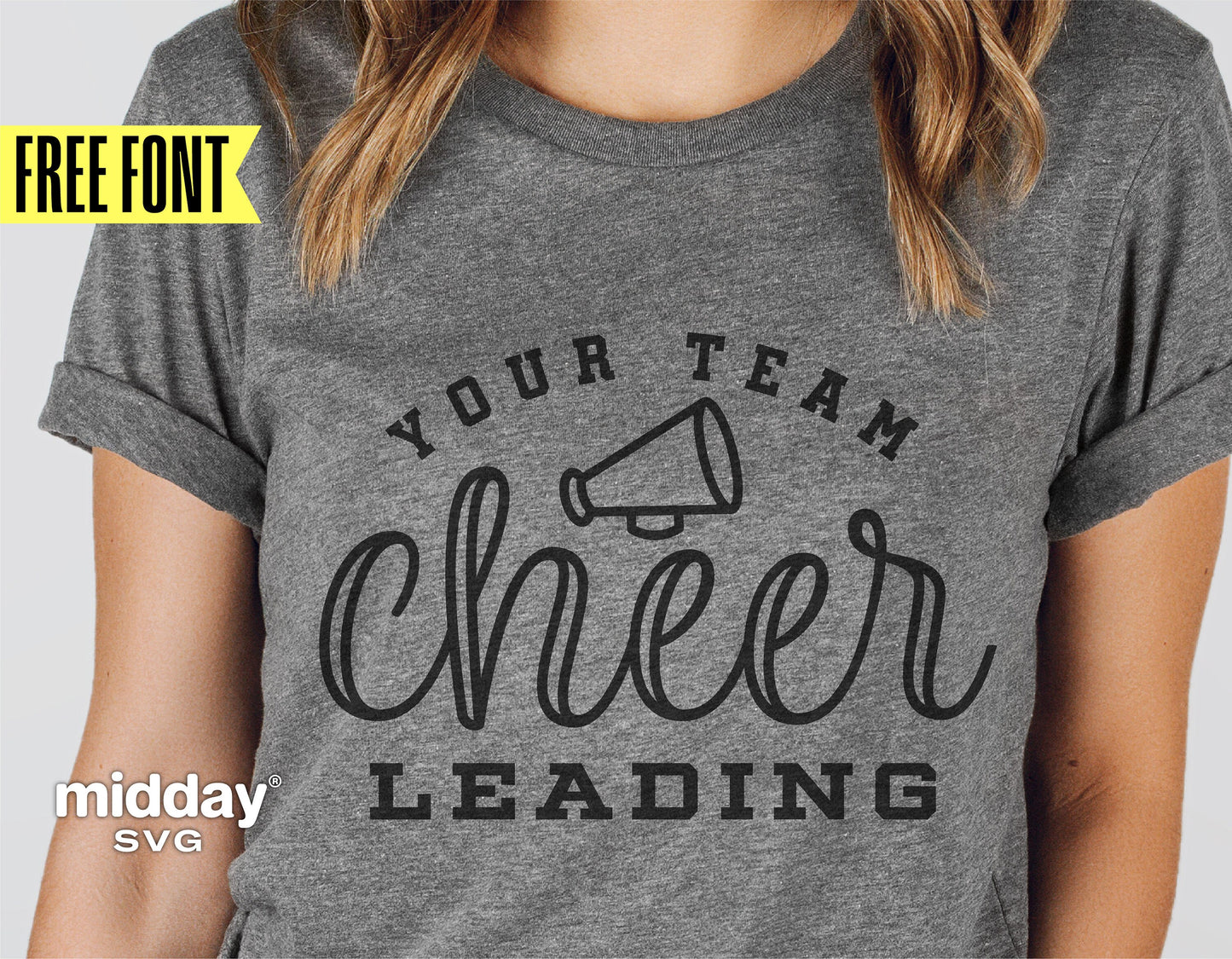Gray shirt with 'Your Team Cheer Leading' text and megaphone graphic, perfect for cheer team designs, Cricut and Silhouette projects.