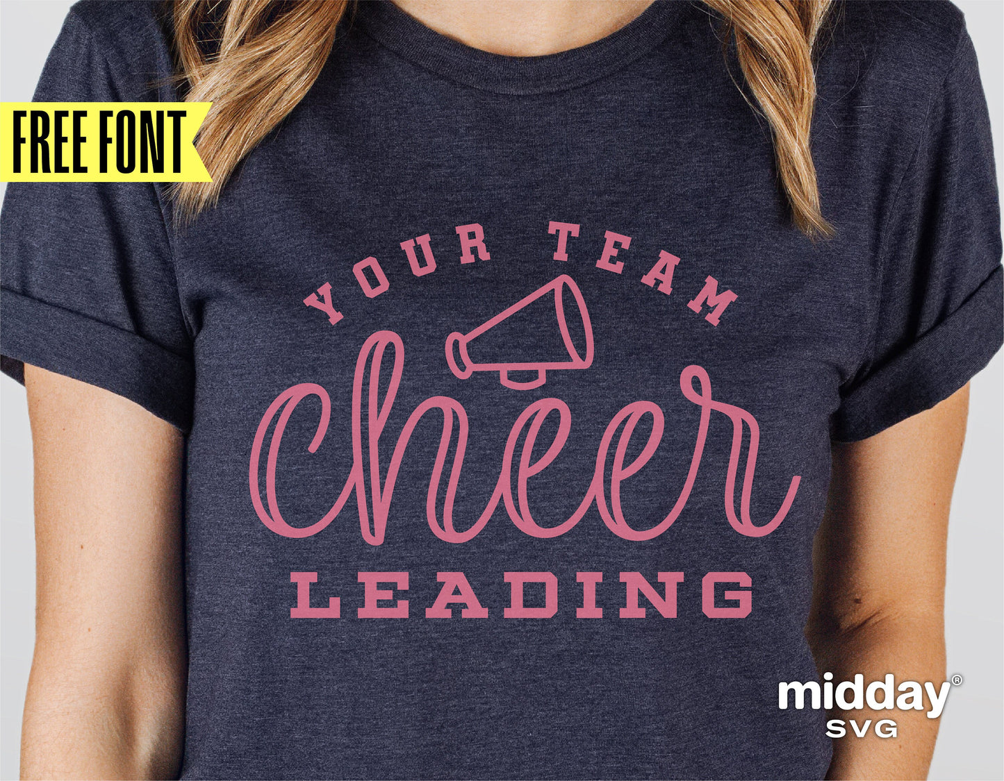 Cheerleading shirt design with 'Your Team Cheerleading' text and megaphone graphic, available in SVG, PNG, DXF, EPS formats.