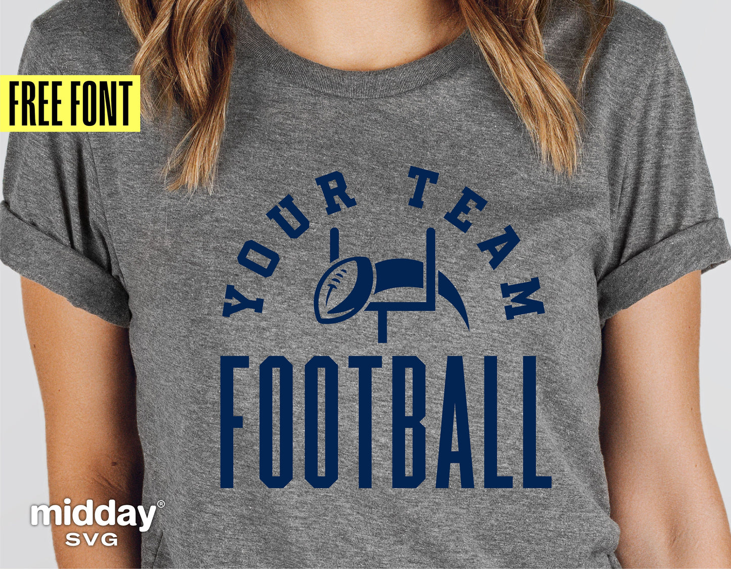 Gray T-shirt with custom 'Your Team Football' design for Cricut and Silhouette crafting, featuring free font.
