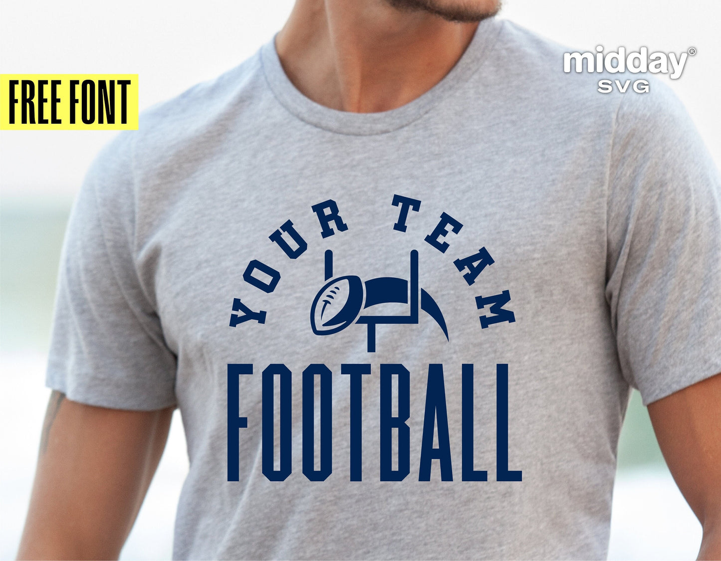 Gray t-shirt featuring a customizable football team logo design, perfect for Cricut and Silhouette projects. Free font included.