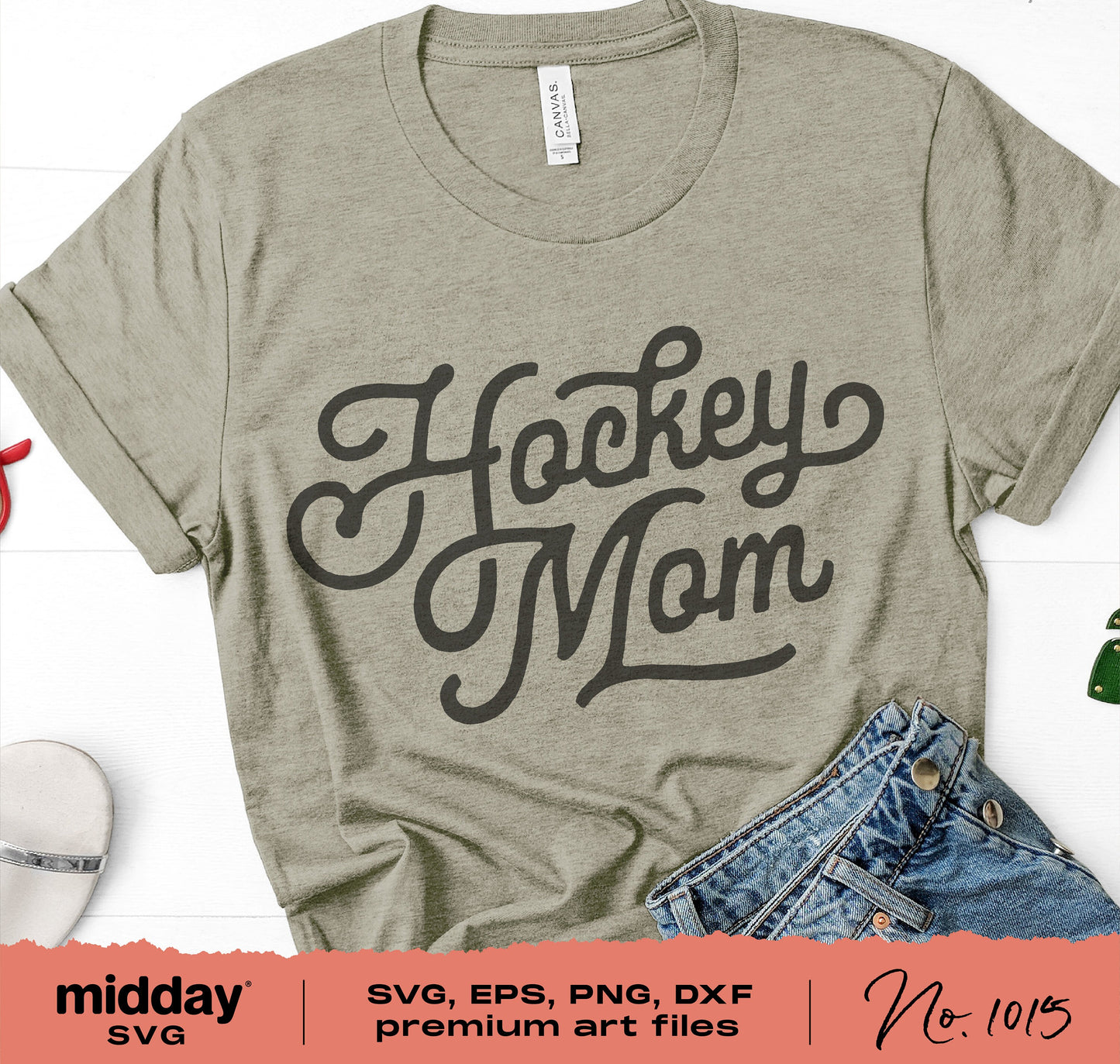 Olive green t-shirt with 'Hockey Mom' design in black script, perfect for Cricut and Silhouette projects. Includes SVG, PNG, DXF, EPS files.