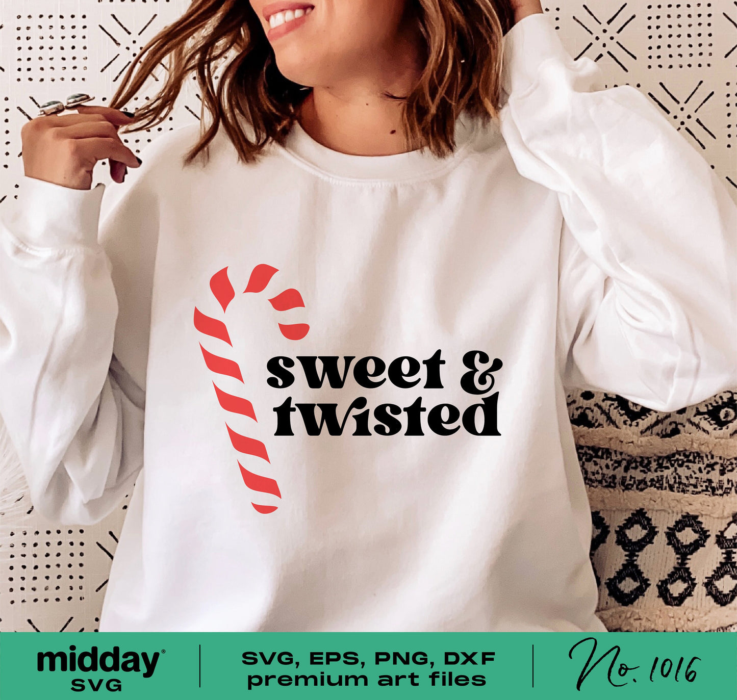 Funny Christmas shirt with 'Sweet & Twisted' candy cane design, available as SVG, PNG, DXF for Cricut and Silhouette crafts.