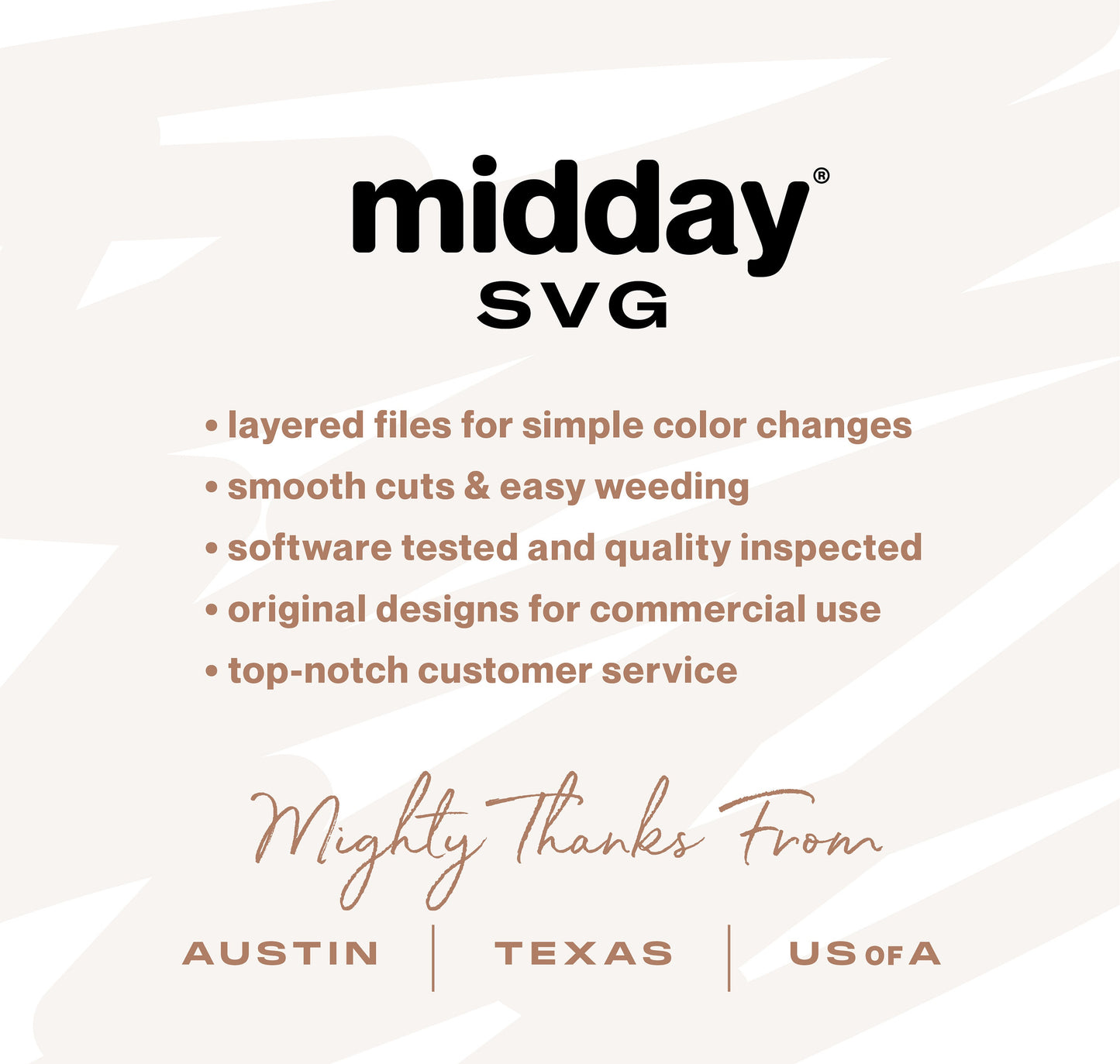 "Midday SVG design features layered files, smooth cutting, commercial use, and top-notch service. Based in Austin, Texas, USA."