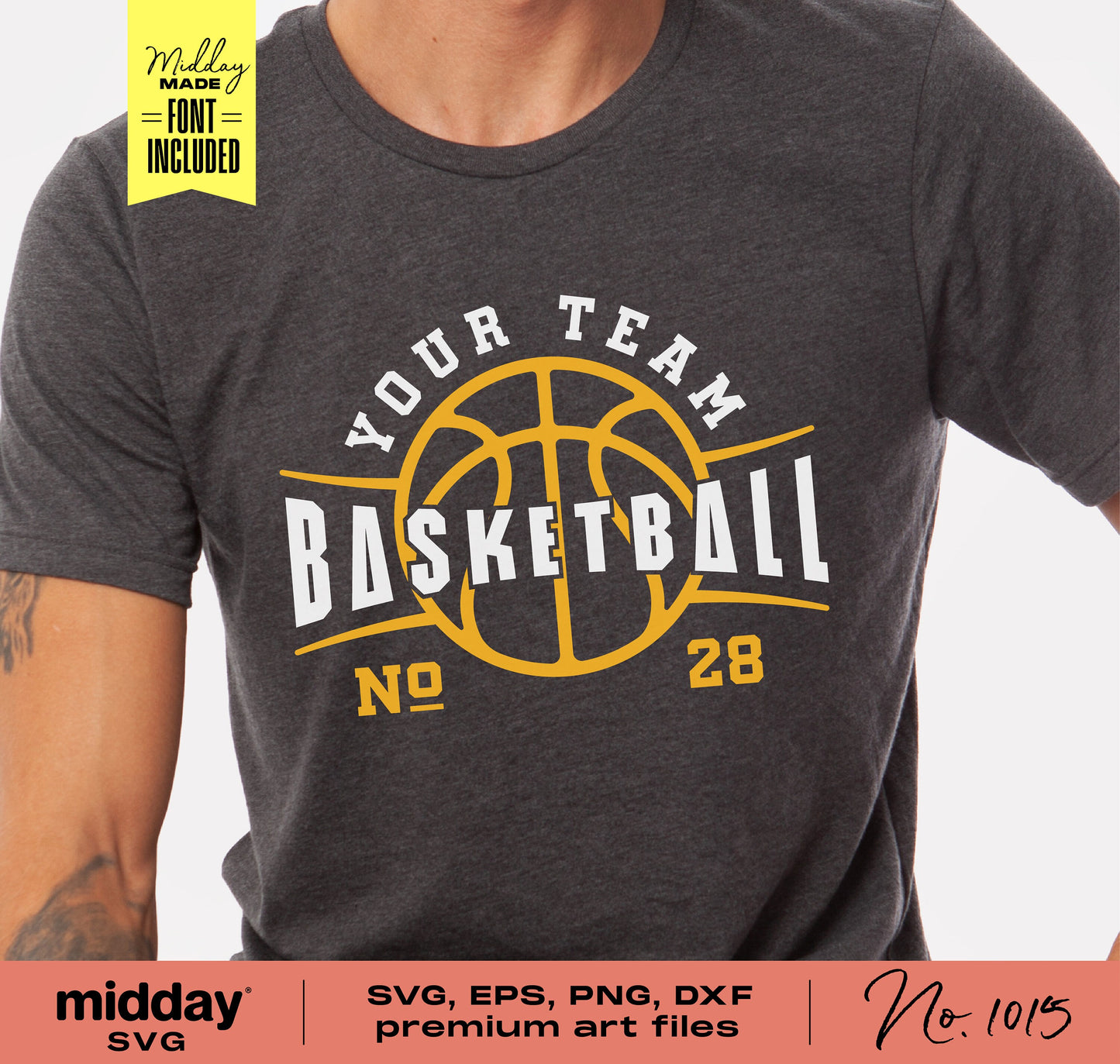 Person wearing a gray basketball team shirt with customizable logo. Includes SVG, EPS, PNG, DXF files and font installation guide.