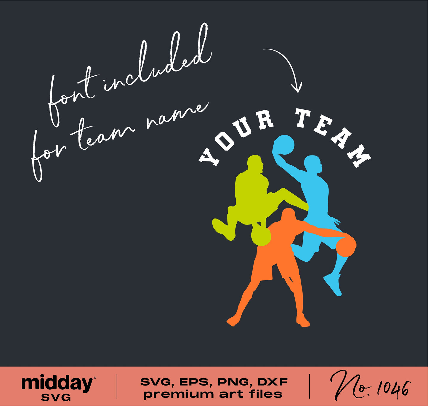 Basketball player silhouettes in colorful design with customizable team name font bundle, includes SVG, PNG, DXF formats.