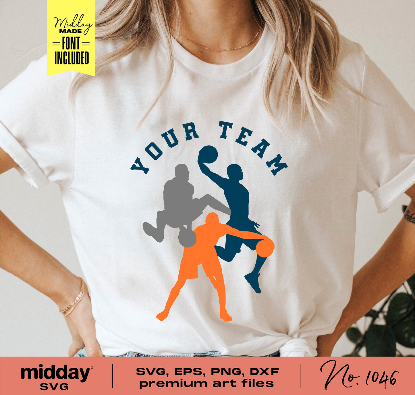 Woman wearing a white shirt with basketball player design, 'Your Team' text, perfect for Cricut or Silhouette use. DIY sports apparel file.