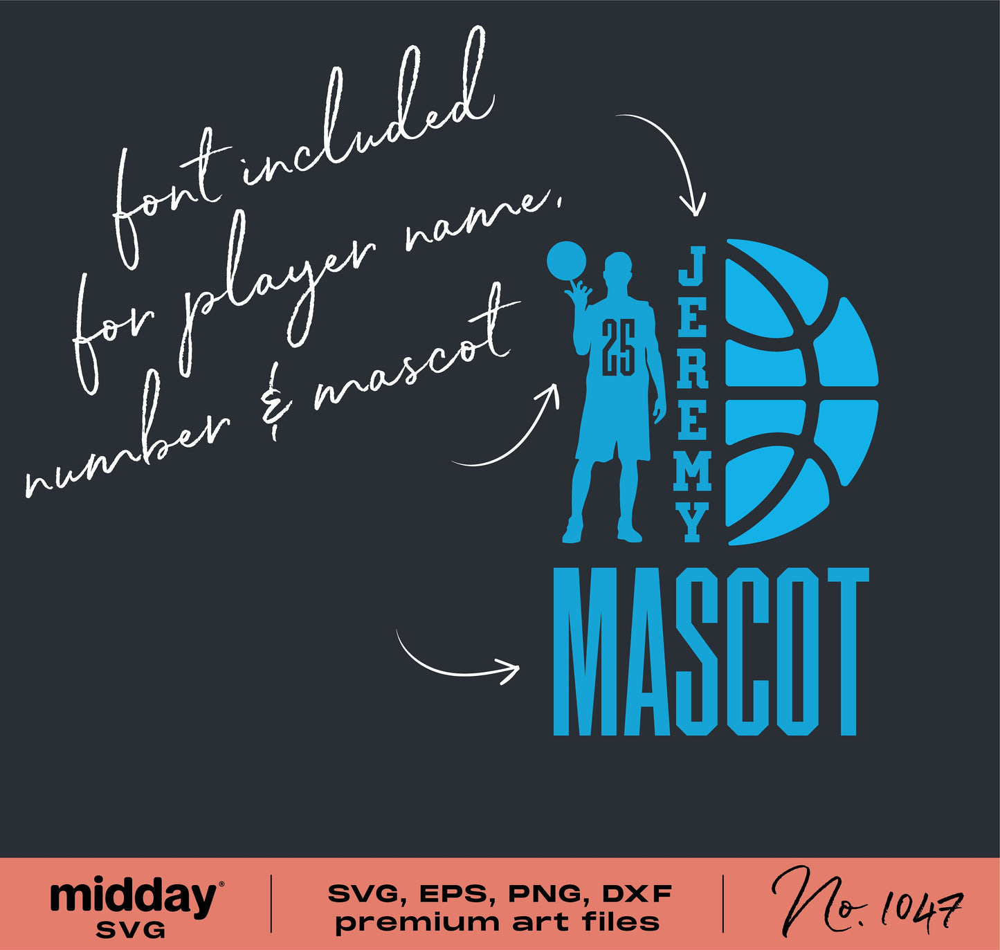 Basketball team SVG design with customizable player name and mascot, includes SVG, EPS, PNG, DXF files for Cricut and Silhouette.