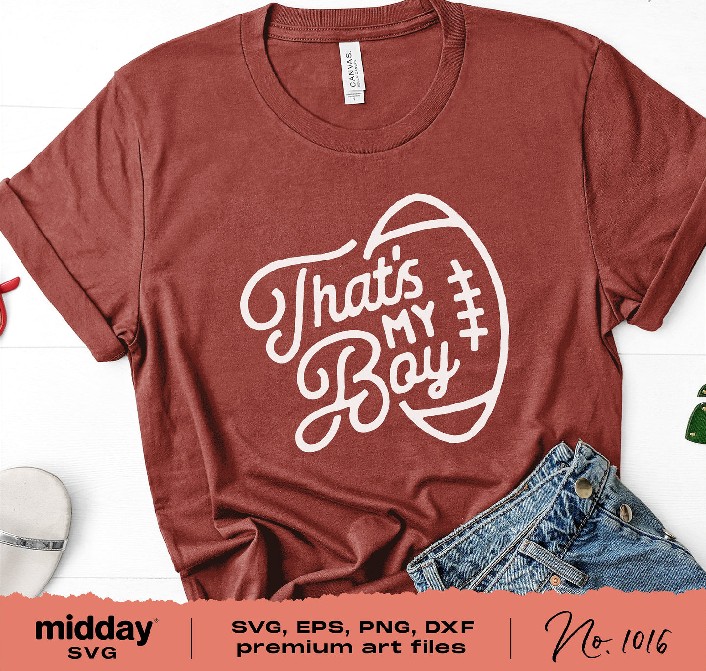 Football-themed 'That's My Boy' graphic on a maroon t-shirt, ideal for Cricut and Silhouette projects, sublimation, and crafts.