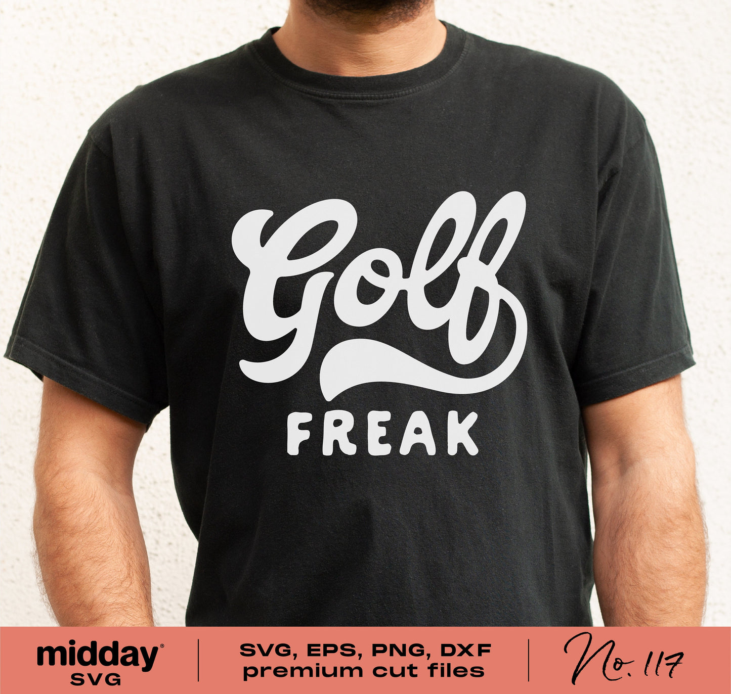 Black t-shirt with 'Golf Freak' design available as SVG, EPS, PNG, and DXF cut files for Cricut and Silhouette.