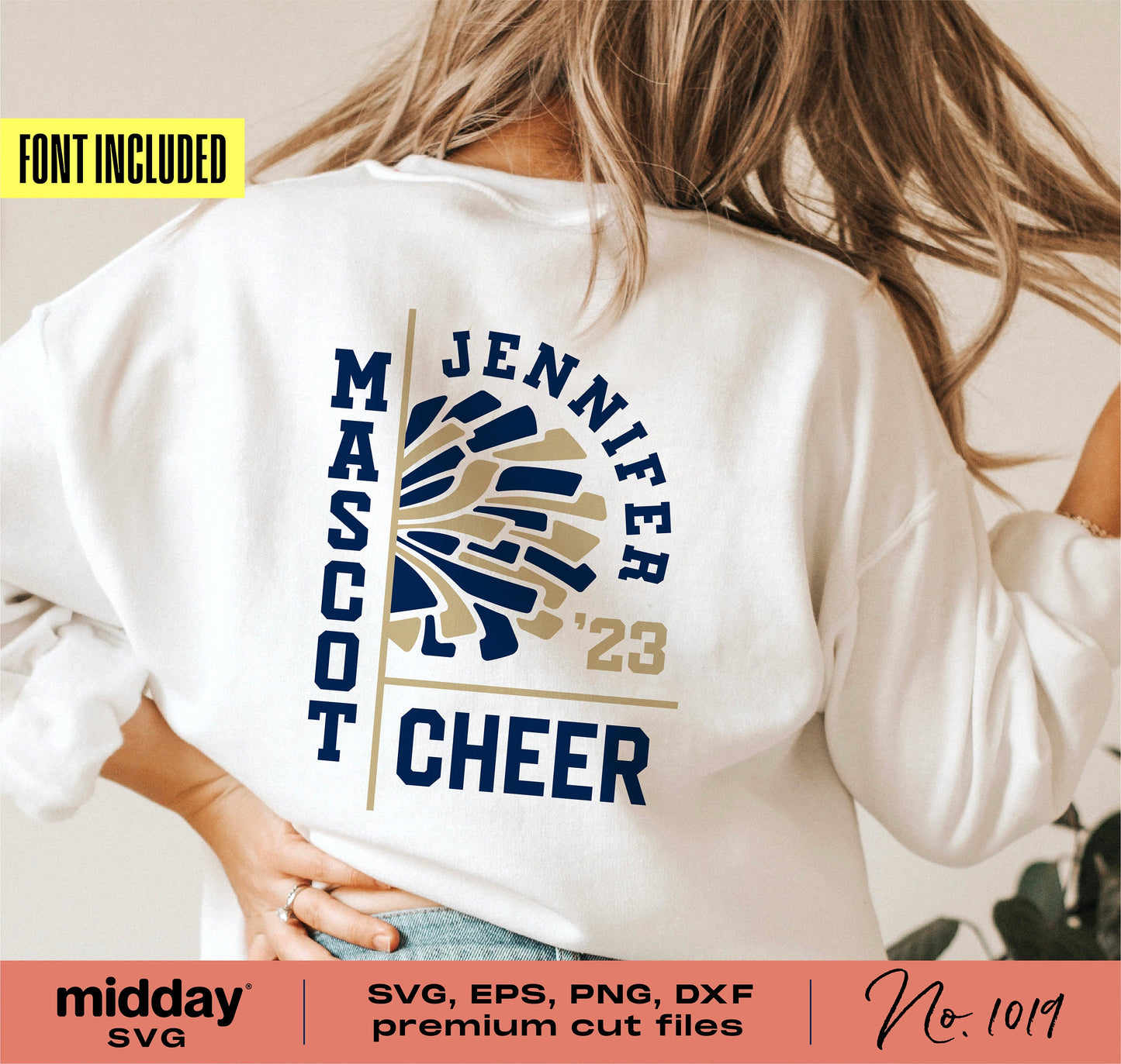 Back of shirt with cheer design in blue and gold, featuring the words 'Mascot Jennifer Cheer '23', font included for DIY customization.