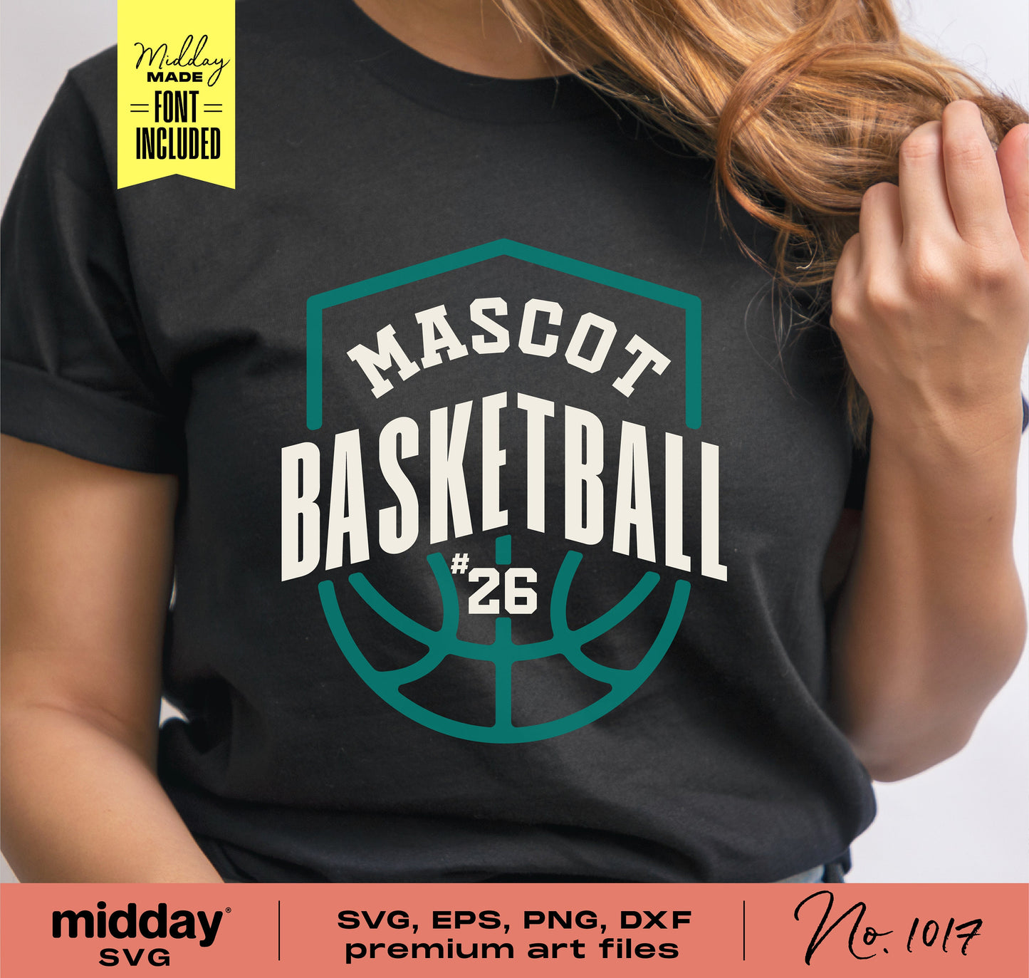 Person wearing black t-shirt with 'Mascot Basketball #26' design, part of SVG bundle for team templates, shirts, Cricut and Silhouette.