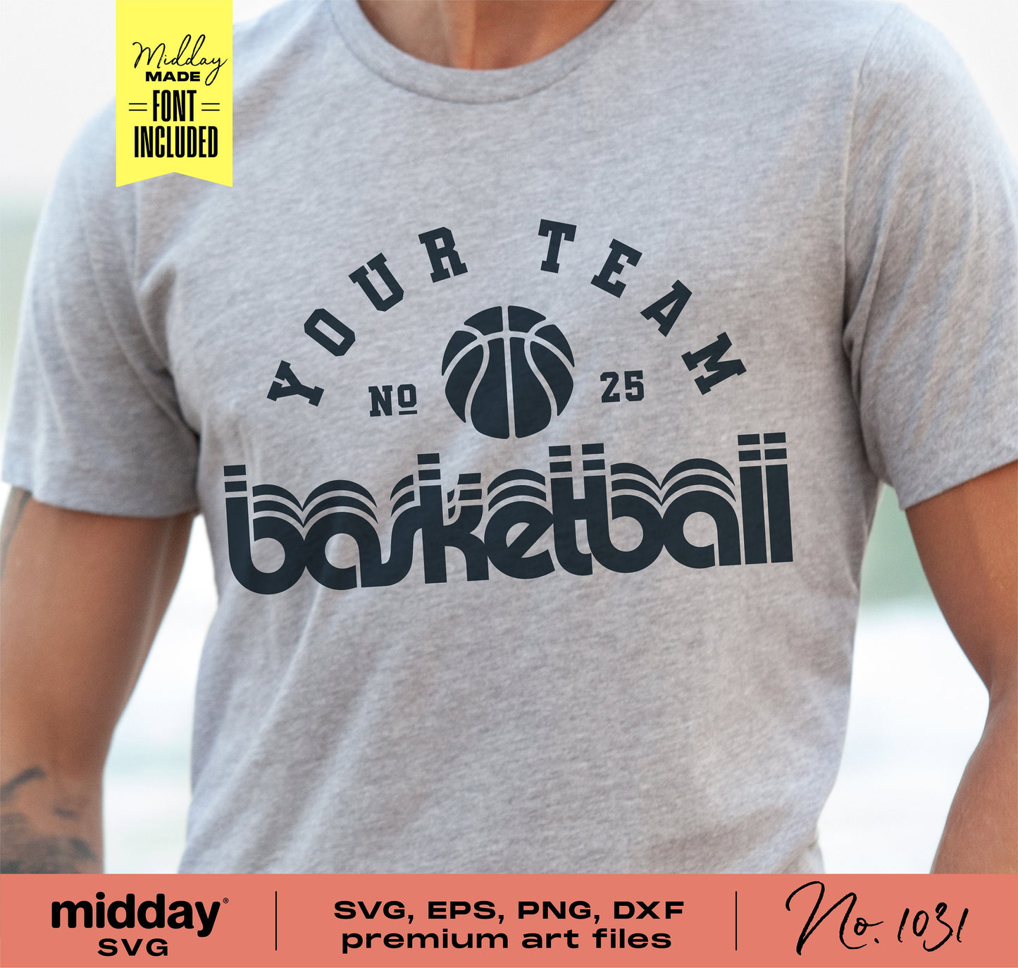 Gray t-shirt displaying 'Your Team Basketball' with included font, part of Basketball SVG bundle for Cricut and Silhouette projects.