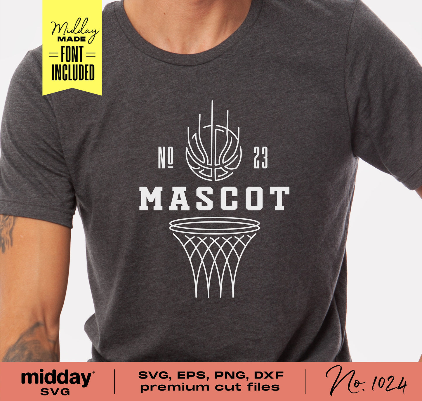 T-shirt featuring a custom basketball team design template with mascot, number, and hoop graphic. Includes SVG, EPS, PNG, DXF files.