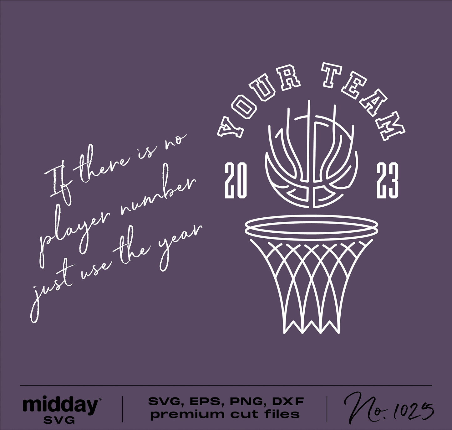 Modern basketball shirt design template featuring a hoop and ball graphic with customizable team name and year. Ideal for Cricut and sublimation.