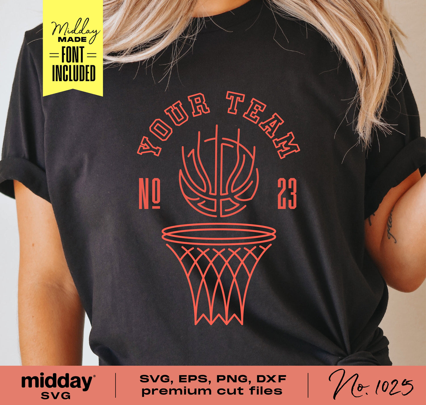 Modern basketball shirt design with customizable text, featuring SVG cut files including PNG, DXF formats for Cricut and Silhouette.