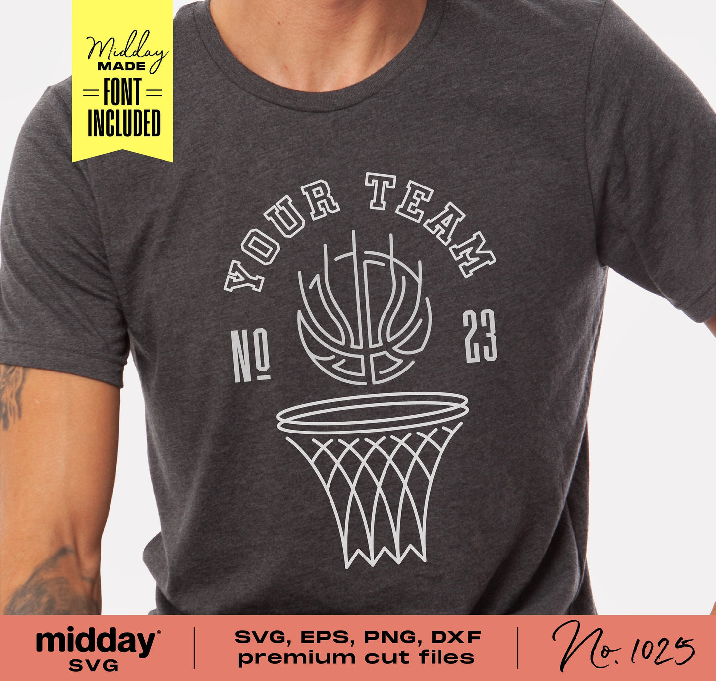 Modern basketball team shirt template with hoop design; includes SVG, PNG, DXF, EPS files for Cricut and Silhouette; font included.