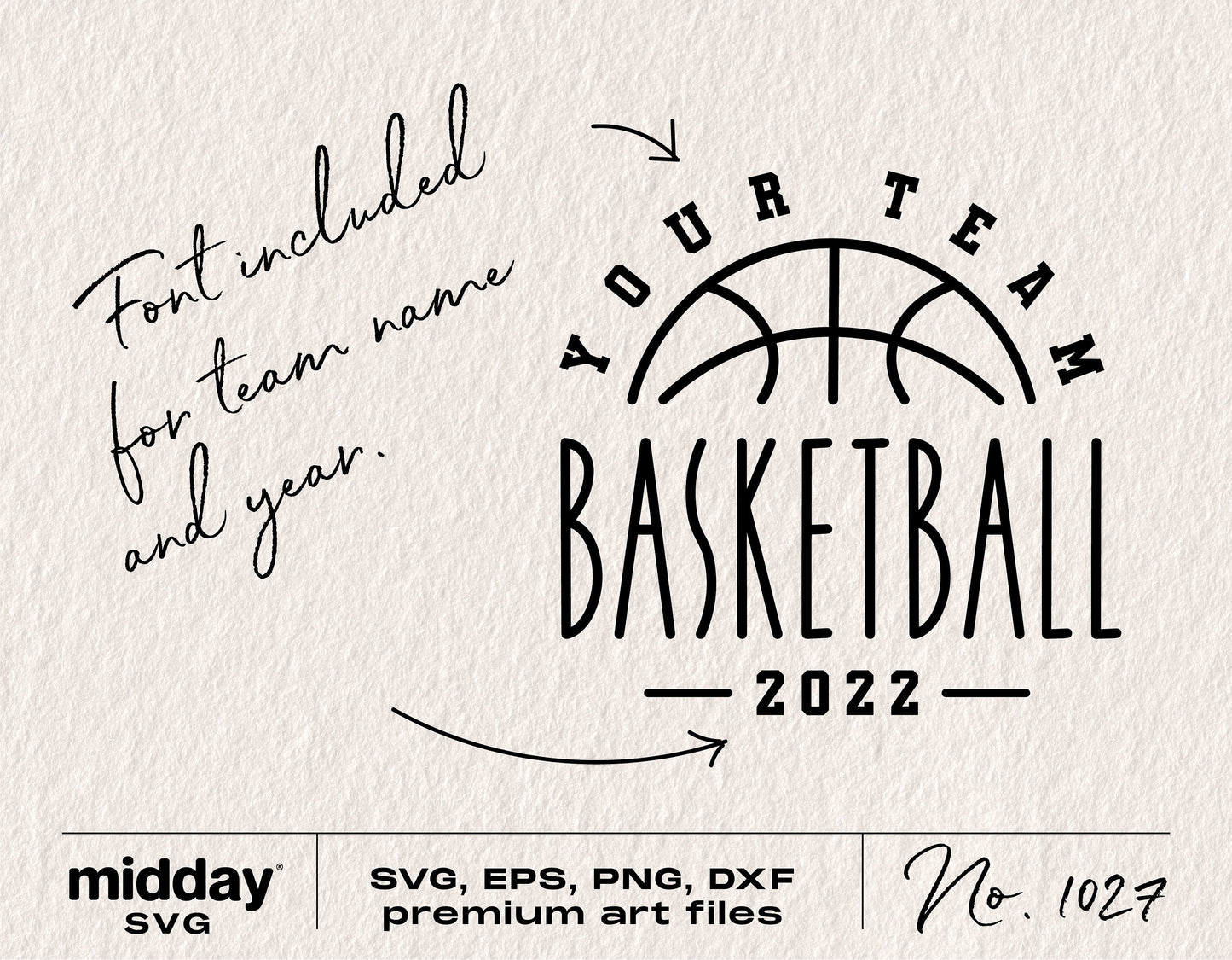 Basketball team design template with customizable text for team name and year, includes SVG, EPS, PNG, DXF files.