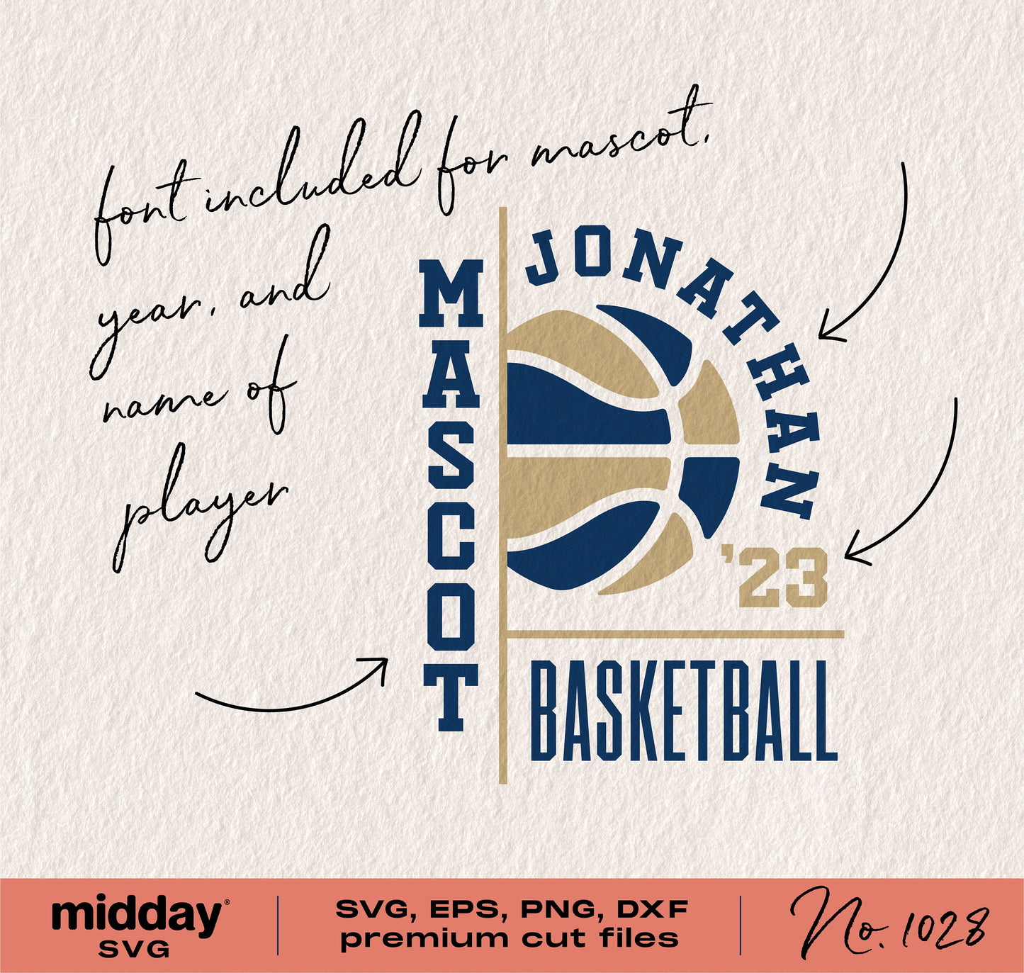 Customizable basketball team logo template with player name and mascot, includes font for Cricut and Silhouette, SVG PNG DXF EPS files.