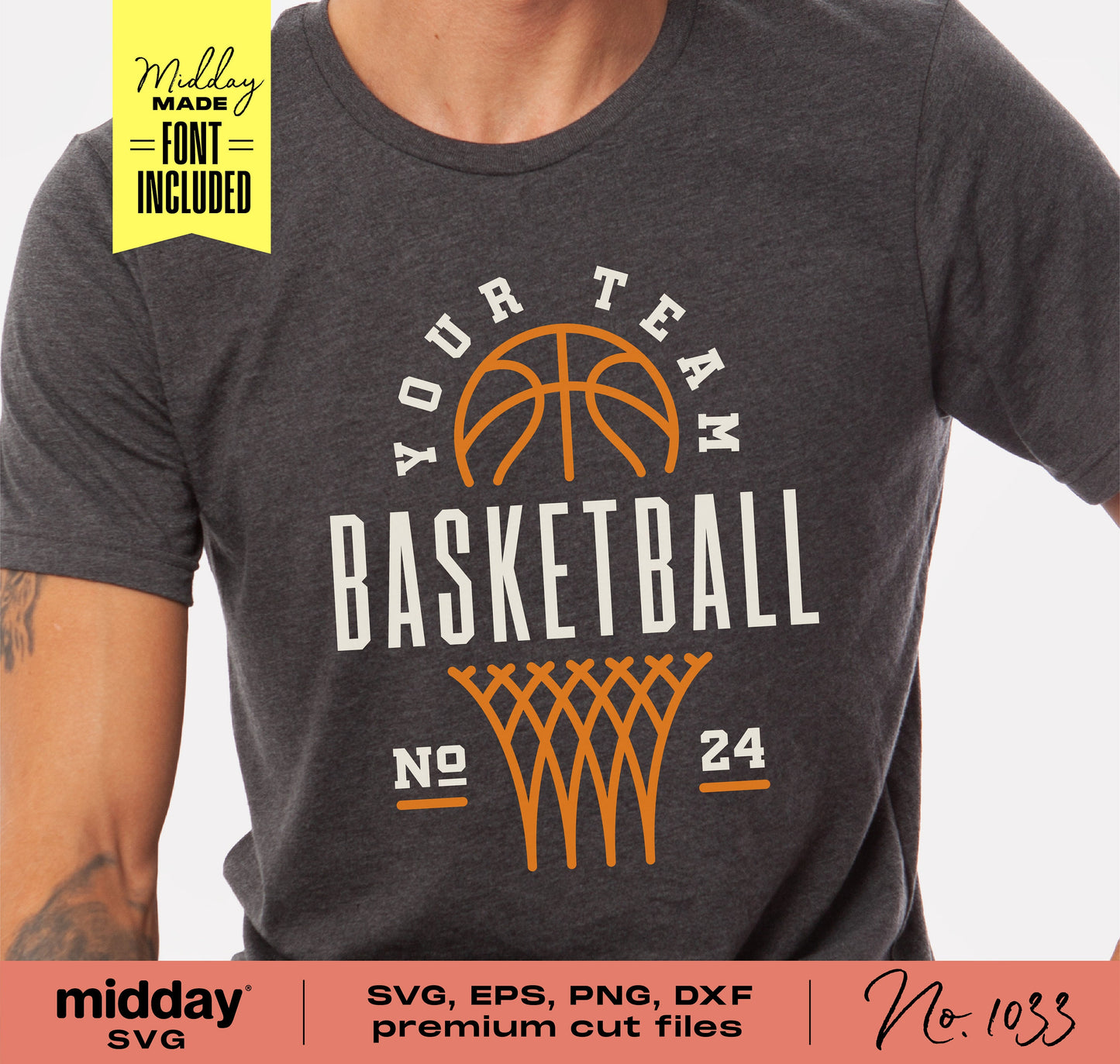 Basketball team logo shirt featuring basketball hoop and ball design with customizable team name and number. Perfect for Cricut and Silhouette.