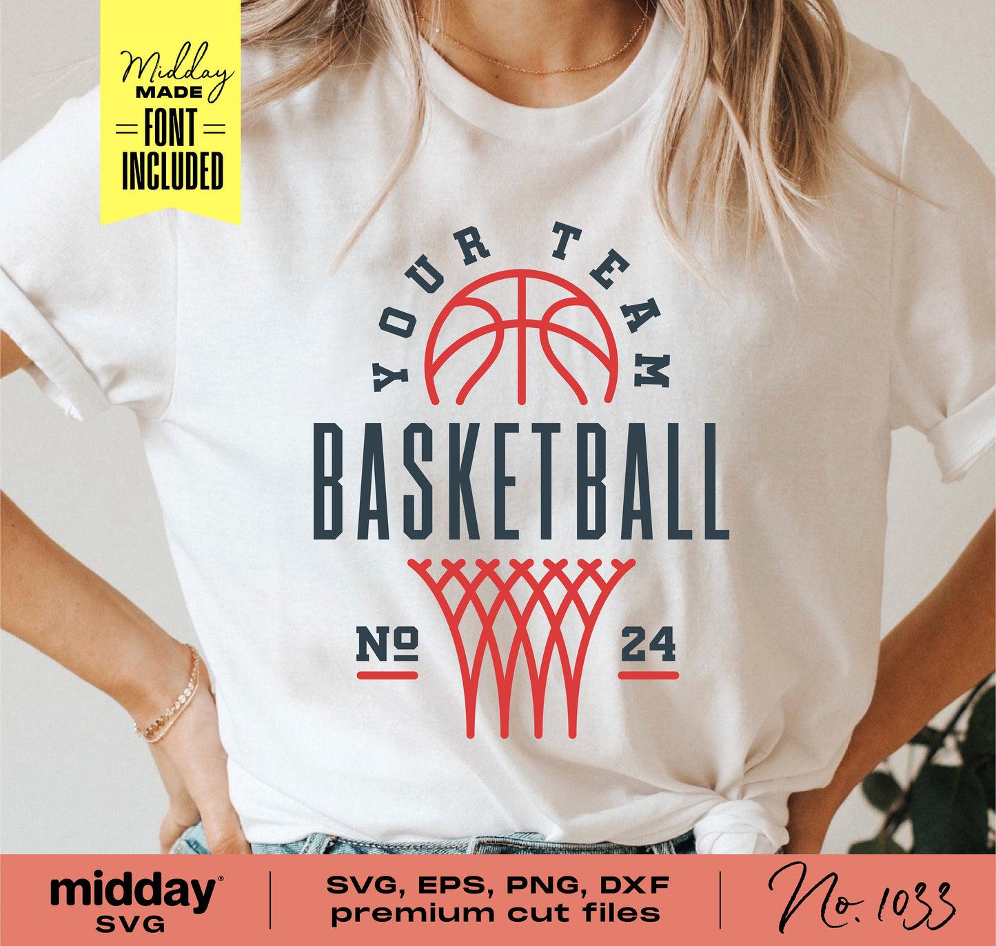 Basketball team template design on a white T-shirt with SVG, EPS, PNG, DXF files for Cricut and Silhouette. Perfect for team shirts.