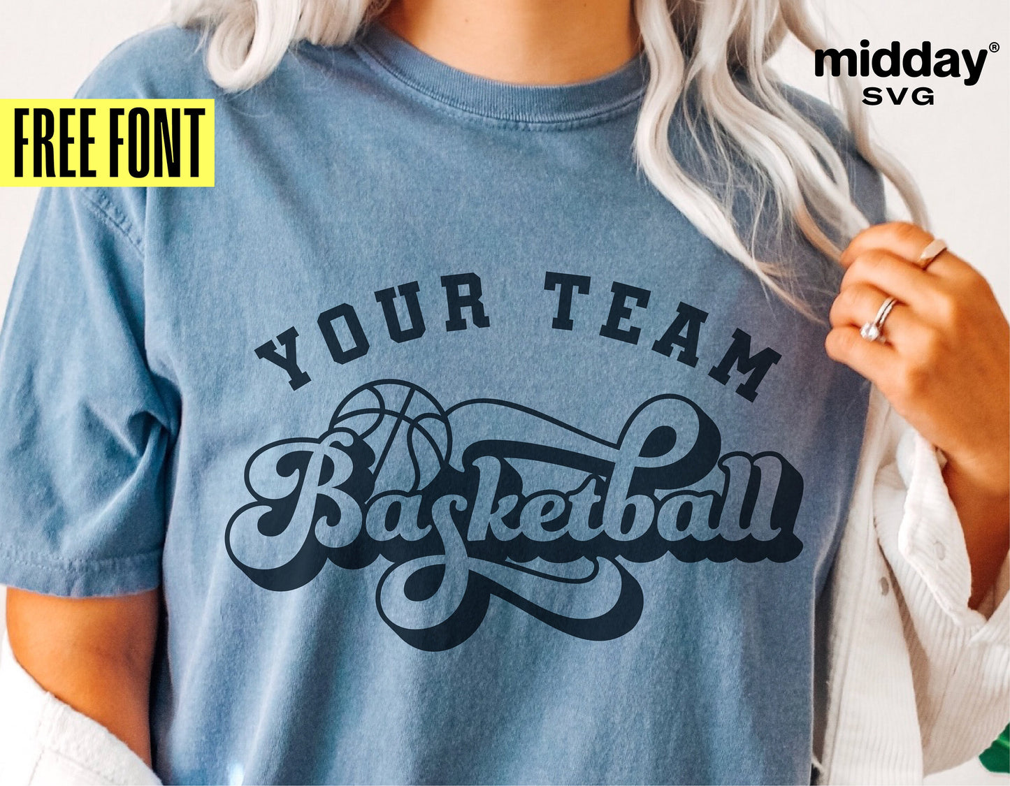 Blue retro basketball team shirt design template with free font for SVG, PNG, DXF, EPS formats, ideal for Cricut and Sublimation projects.