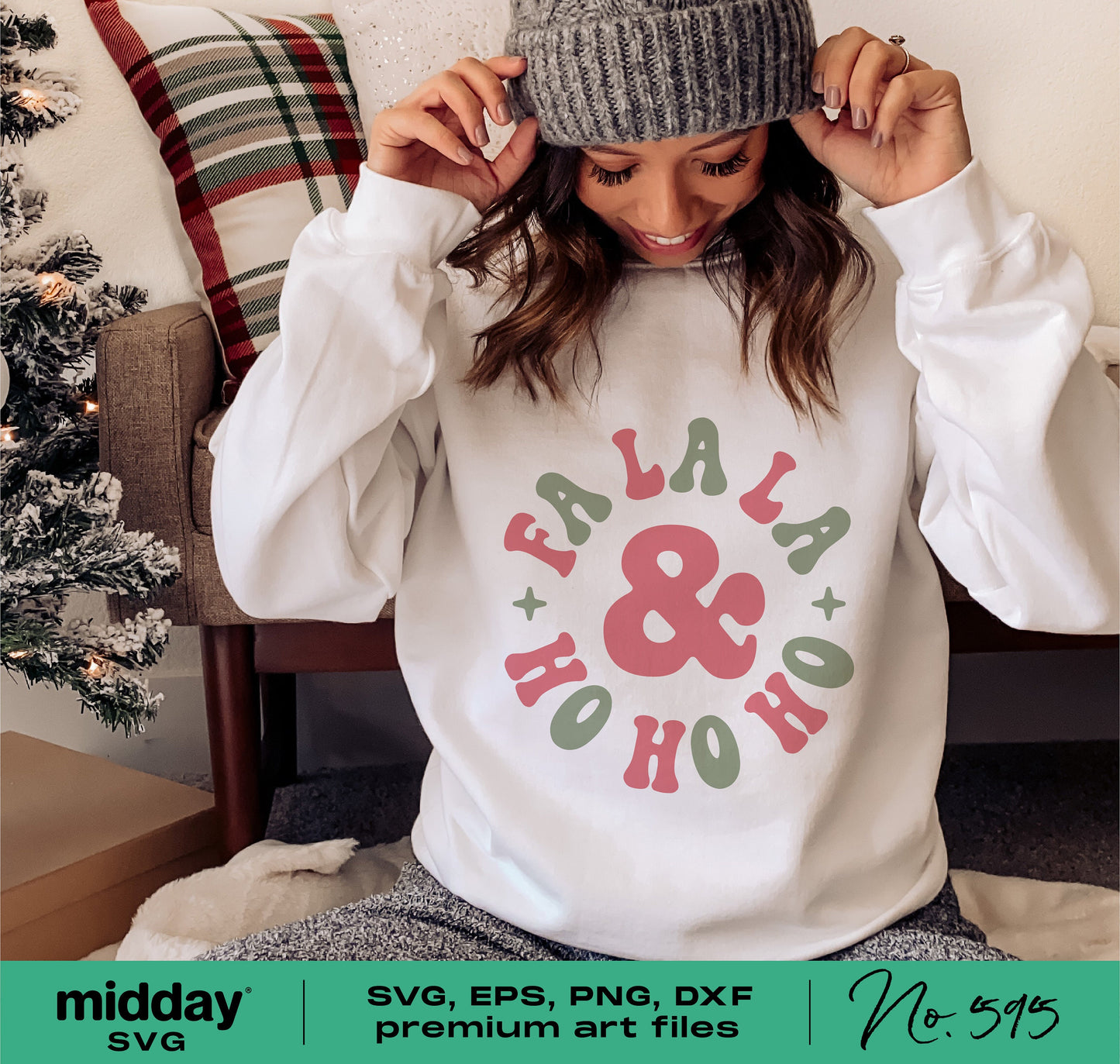 Woman wearing a white sweater with festive 'Fa La La & Ho Ho Ho' design, perfect for Christmas, shown near a holiday-themed setting. Ideal for Cricut and Silhouette projects.