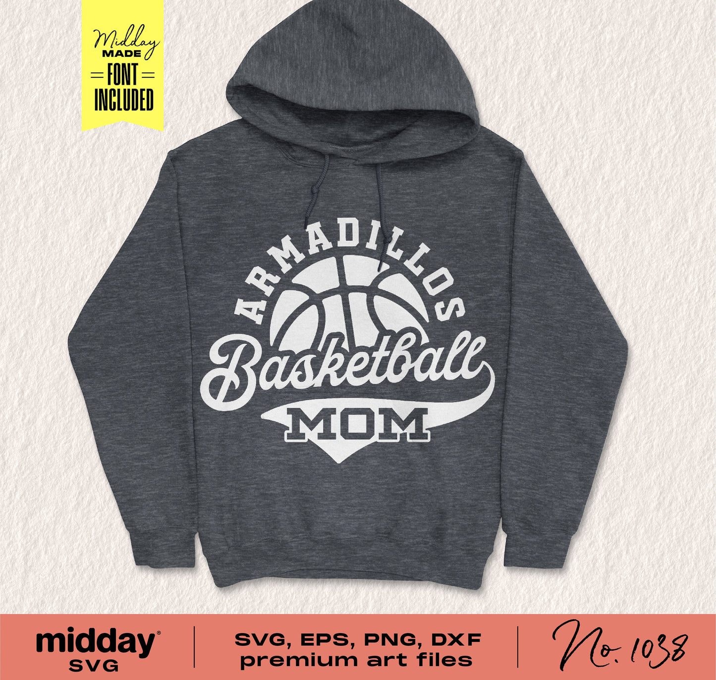 "Armadillos Basketball Mom" dark hoodie featuring basketball graphic, suitable for Cricut and Silhouette projects, SVG included.
