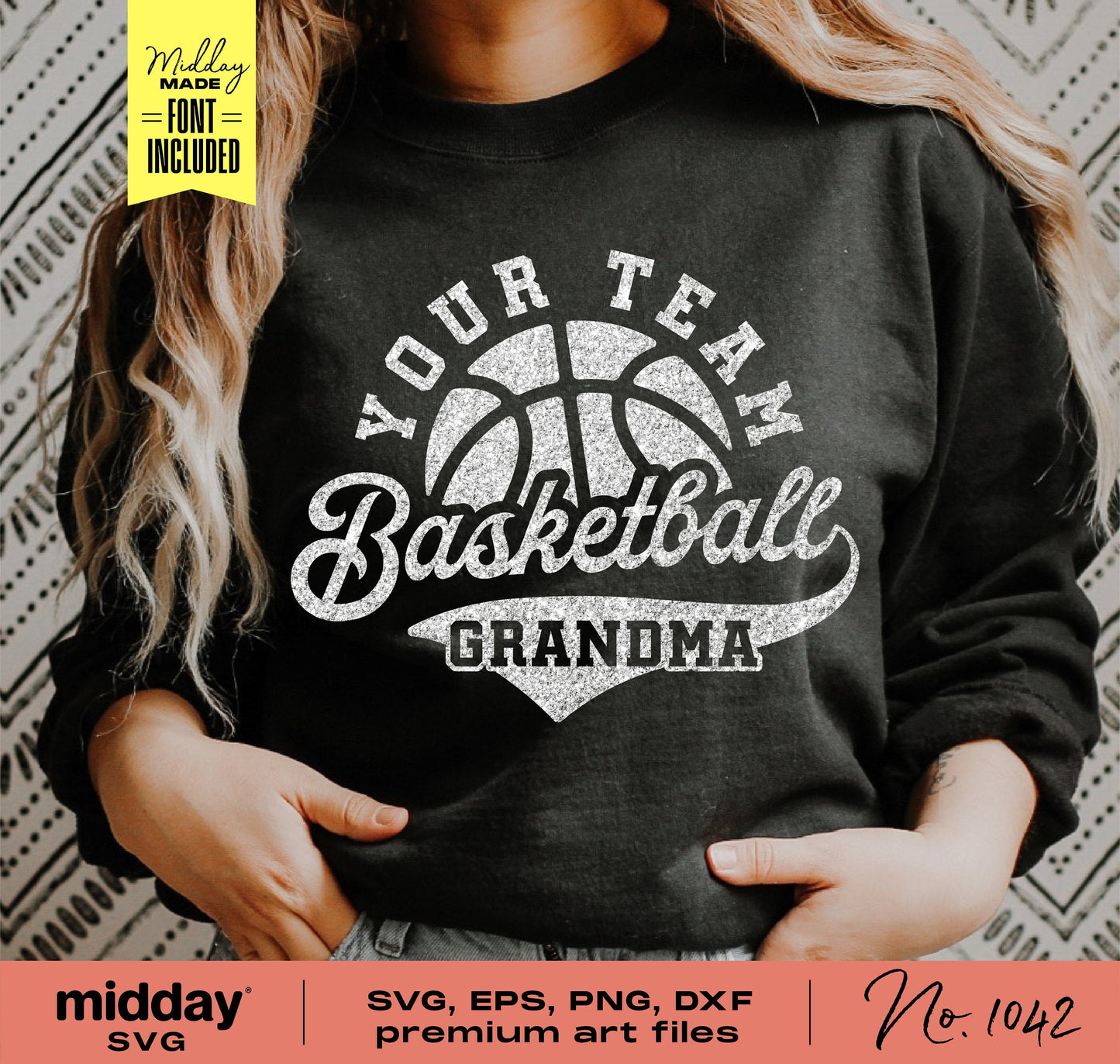 Woman wearing 'Your Team Basketball Grandma' shirt, perfect for custom sports apparel in SVG, PNG, DXF formats.