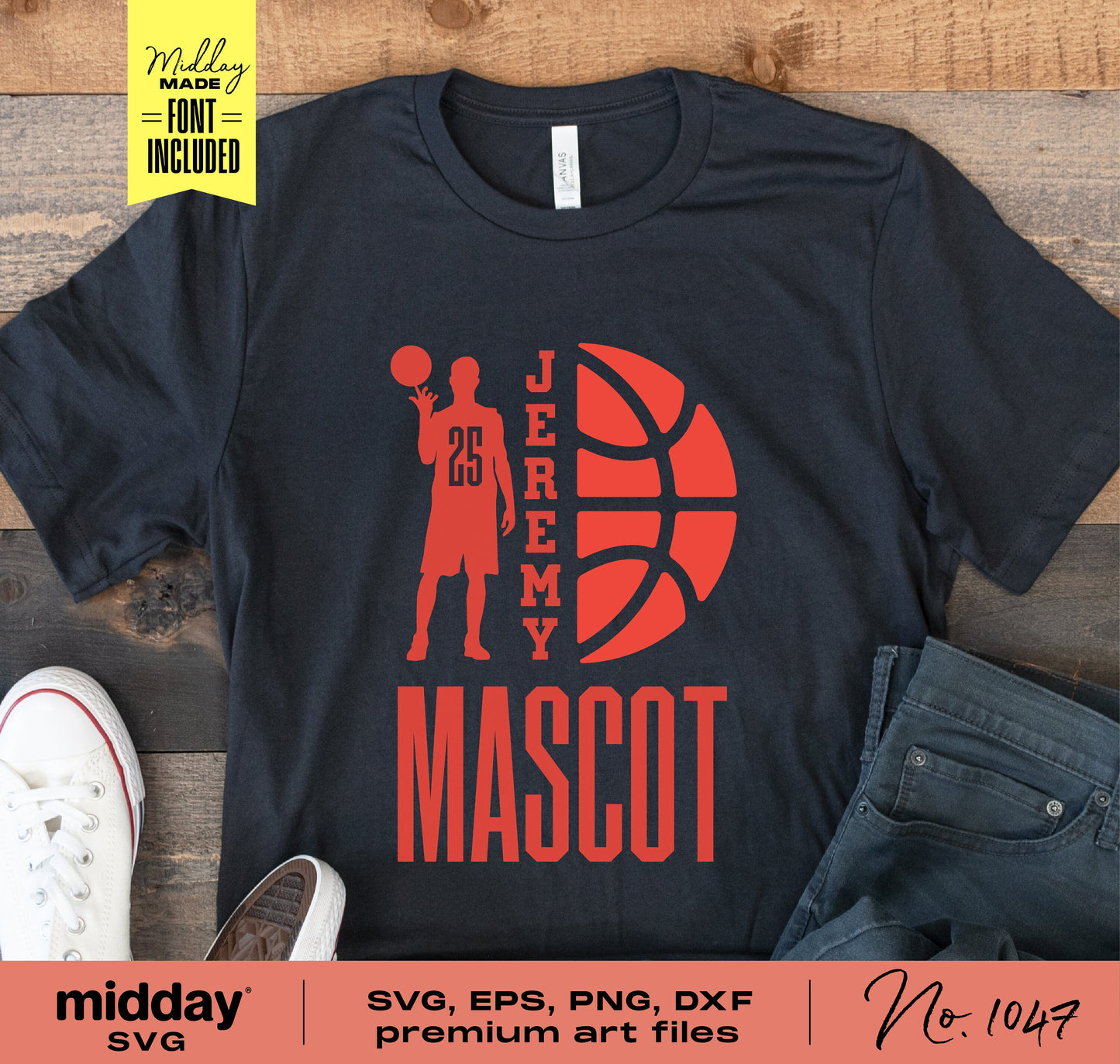 Basketball team mascot t-shirt design in SVG, EPS, PNG, DXF formats for Cricut and Silhouette users, featuring custom logo and player graphic.
