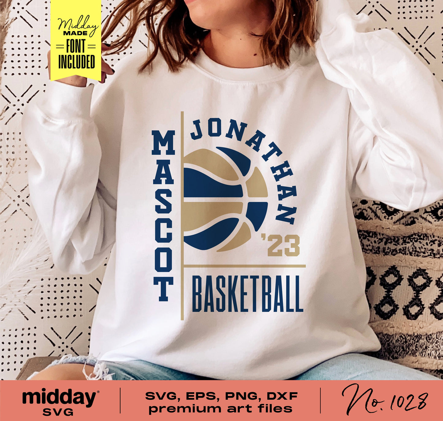 Person wearing basketball-themed shirt with custom SVG design for cutting machines, including SVG, EPS, PNG, DXF files